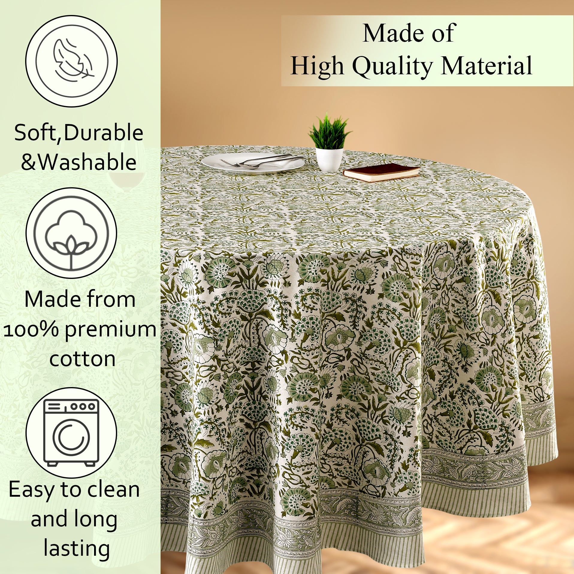 green floral round tablecloth on round family dinner table