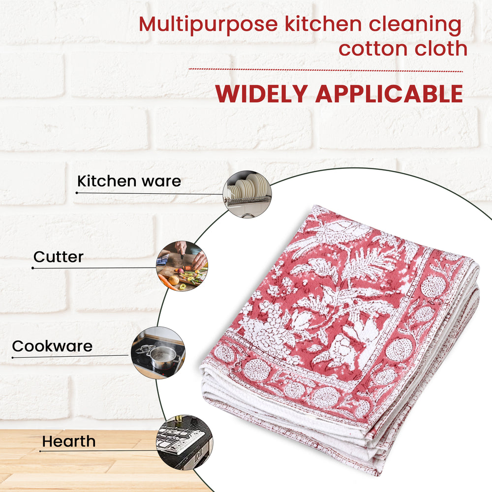 Hand Block Printed Waffle Kitchen Towels – Coral Pink