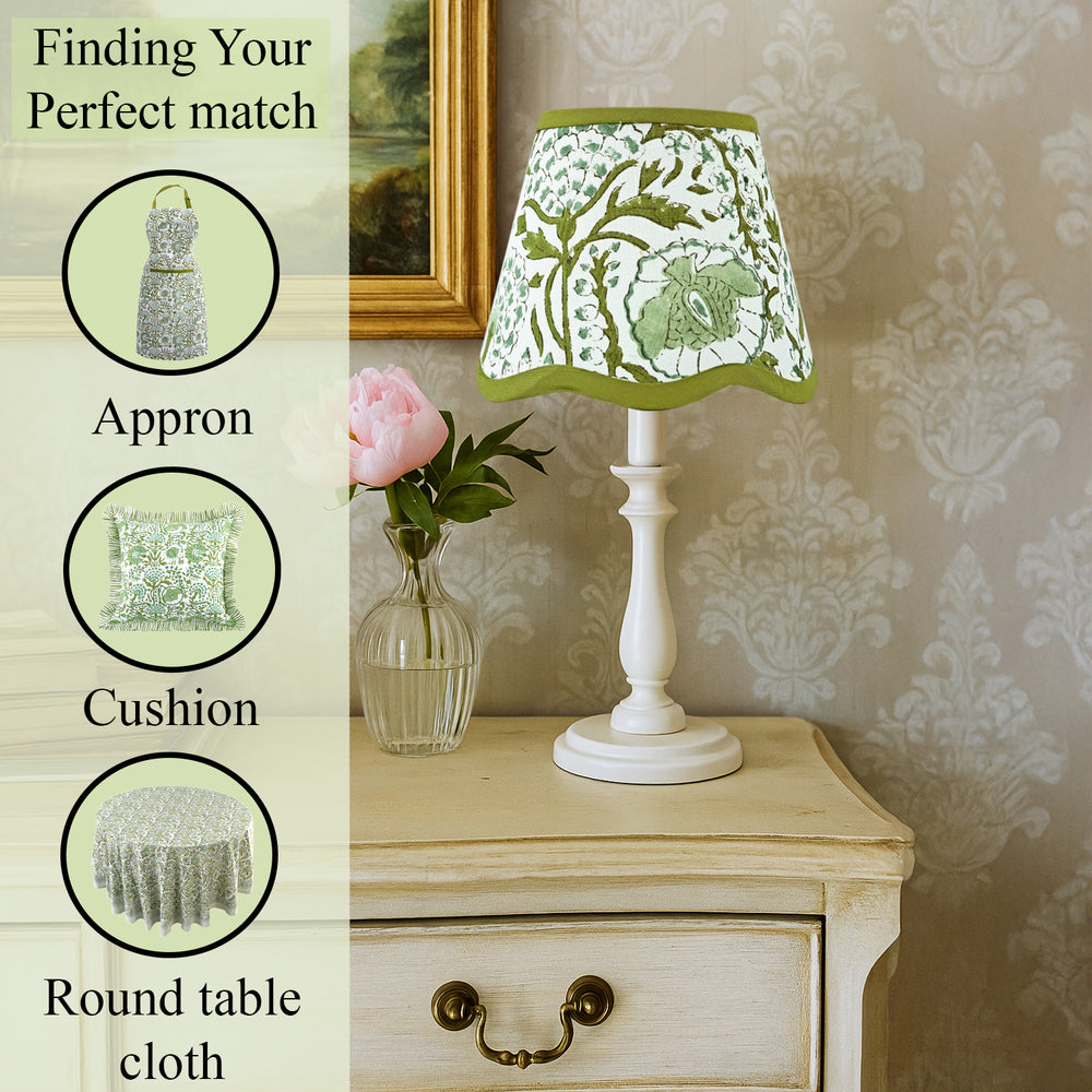 Hand Block Printed Cotton Lampshade – Scallop Floral Agate Green
