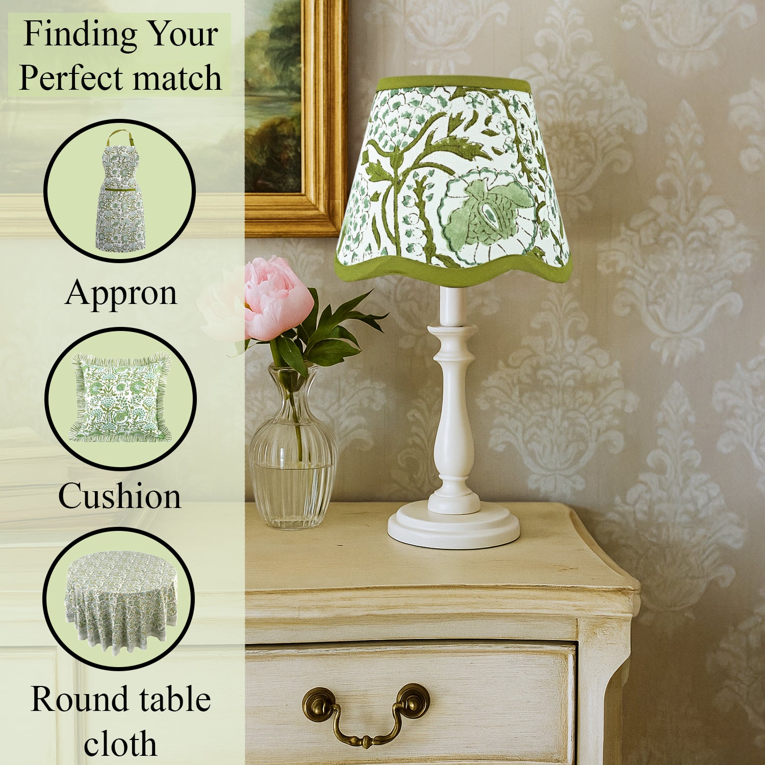 Hand Block Printed Cotton Lampshade – Scallop Floral Agate Green