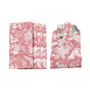 Six pink floral napkins displayed in a fan arrangement with a single folded one in the center holding silverware.