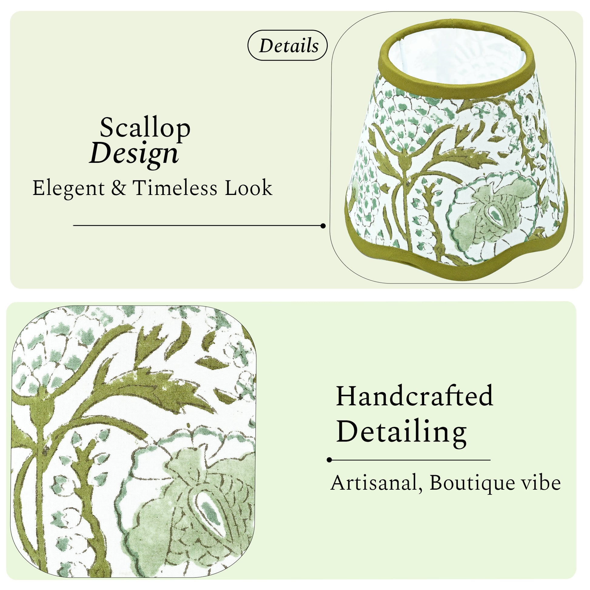 Hand Block Printed Cotton Lampshade – Scallop Floral Agate Green