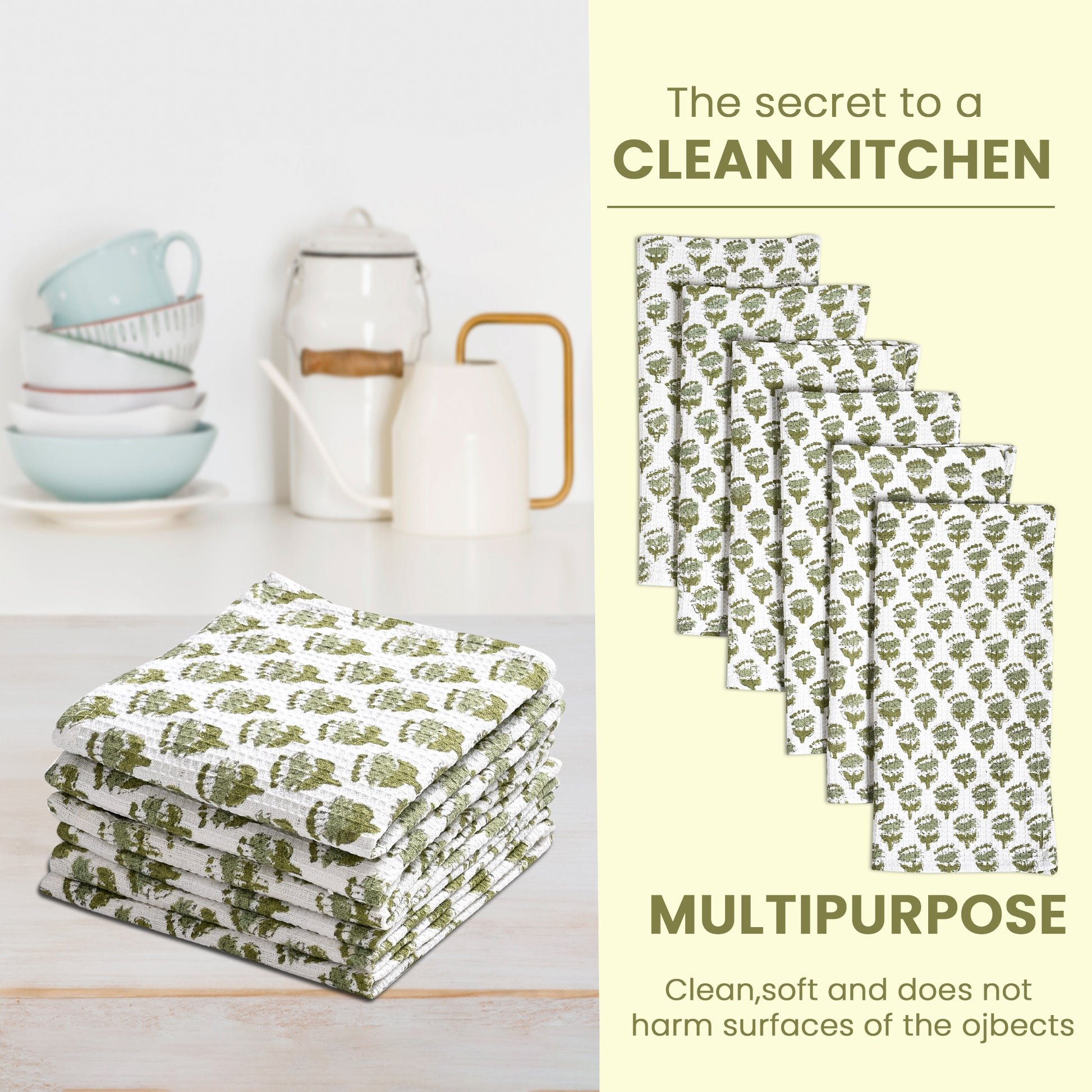 Hand Block Printed Waffle Kitchen Towels – Emerald Green