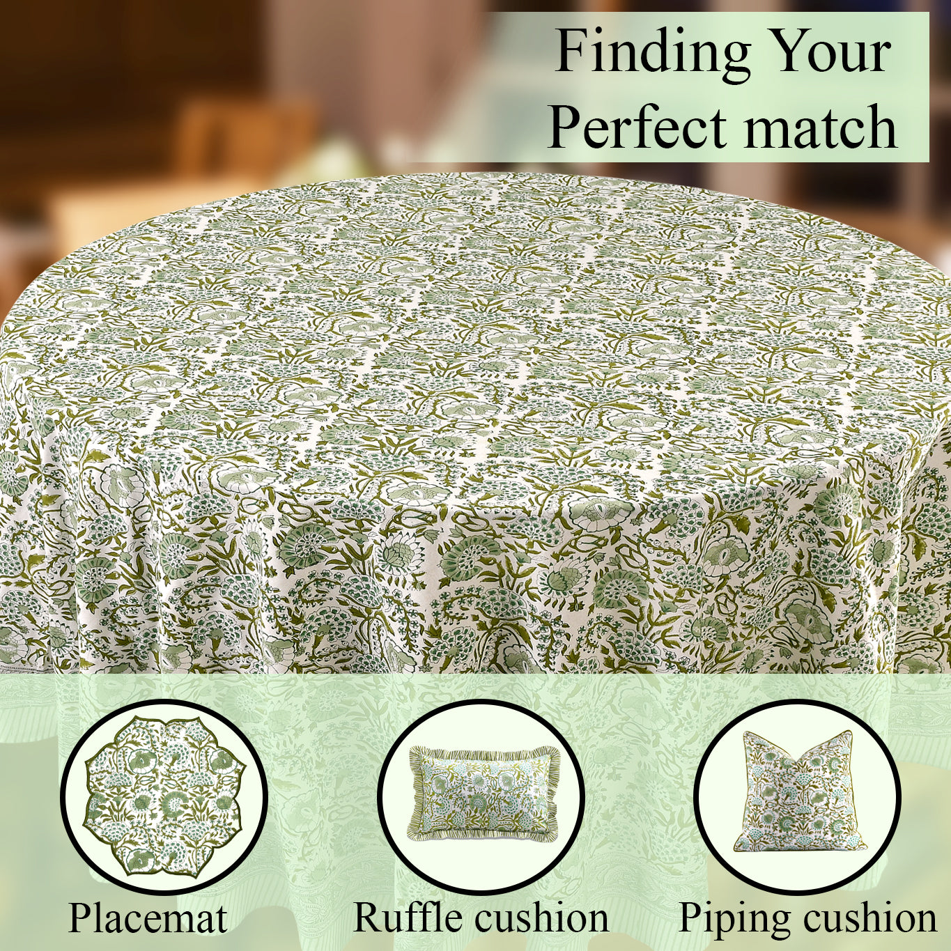 green floral round tablecloth on round family dinner table