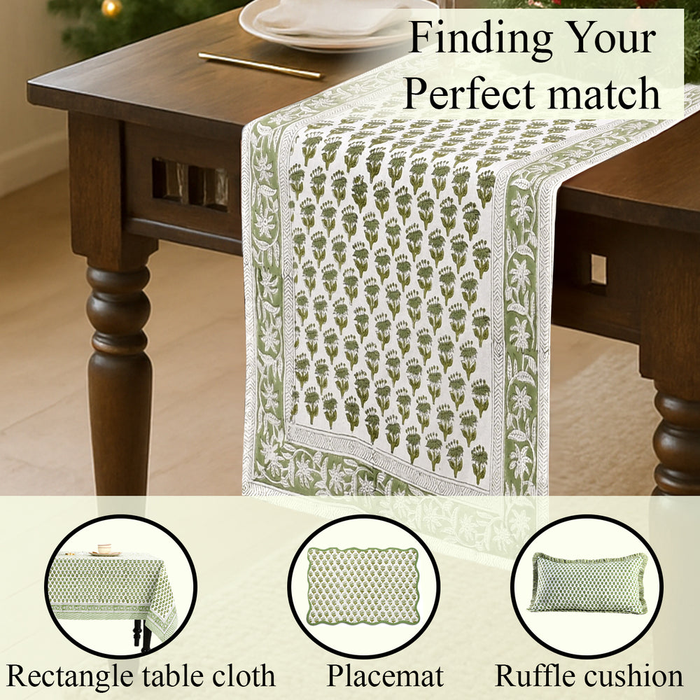 Cotton Block Print Table Runner - Emerald Green