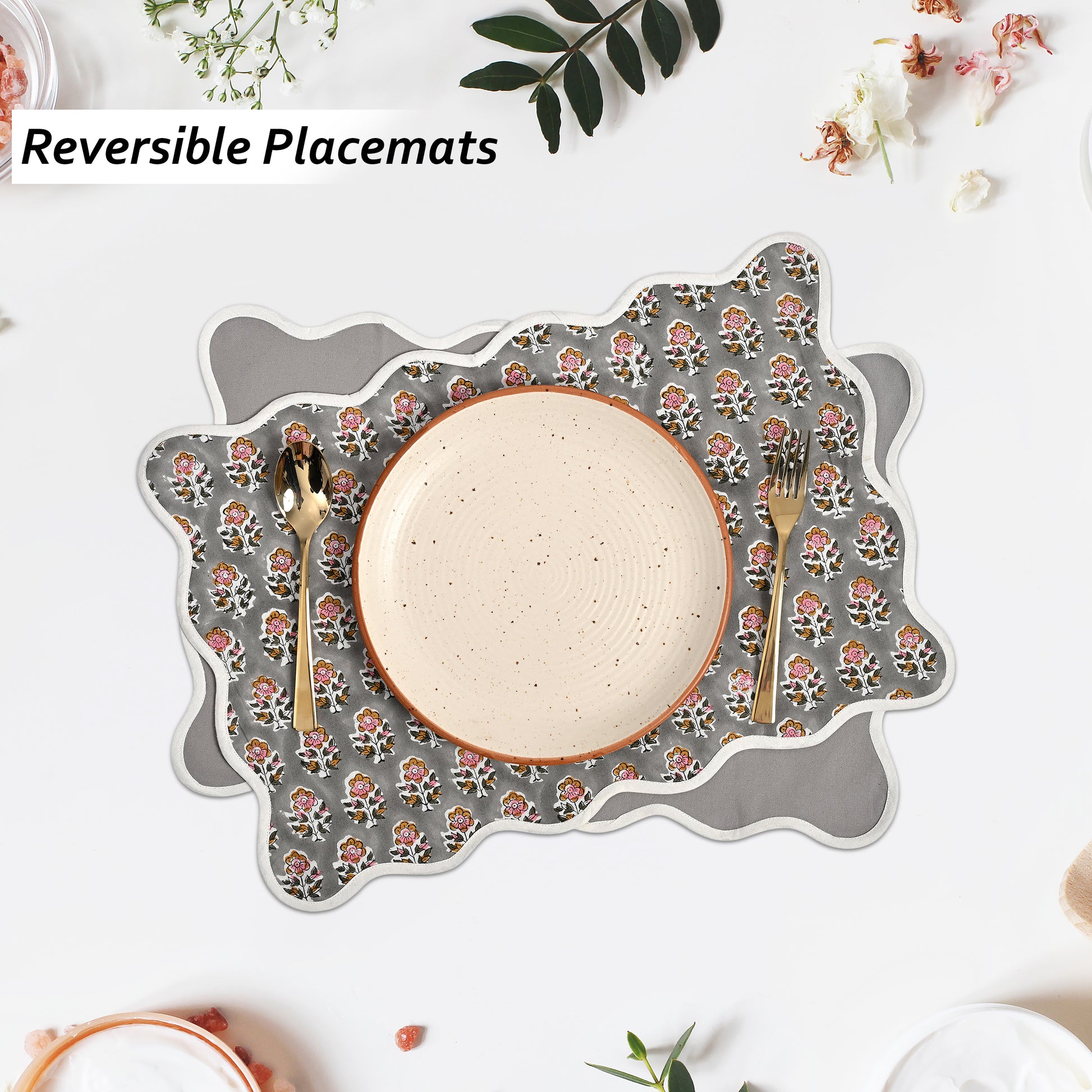 Rectangle 100% Cotton Reversible Placemat Set – Labra Grey