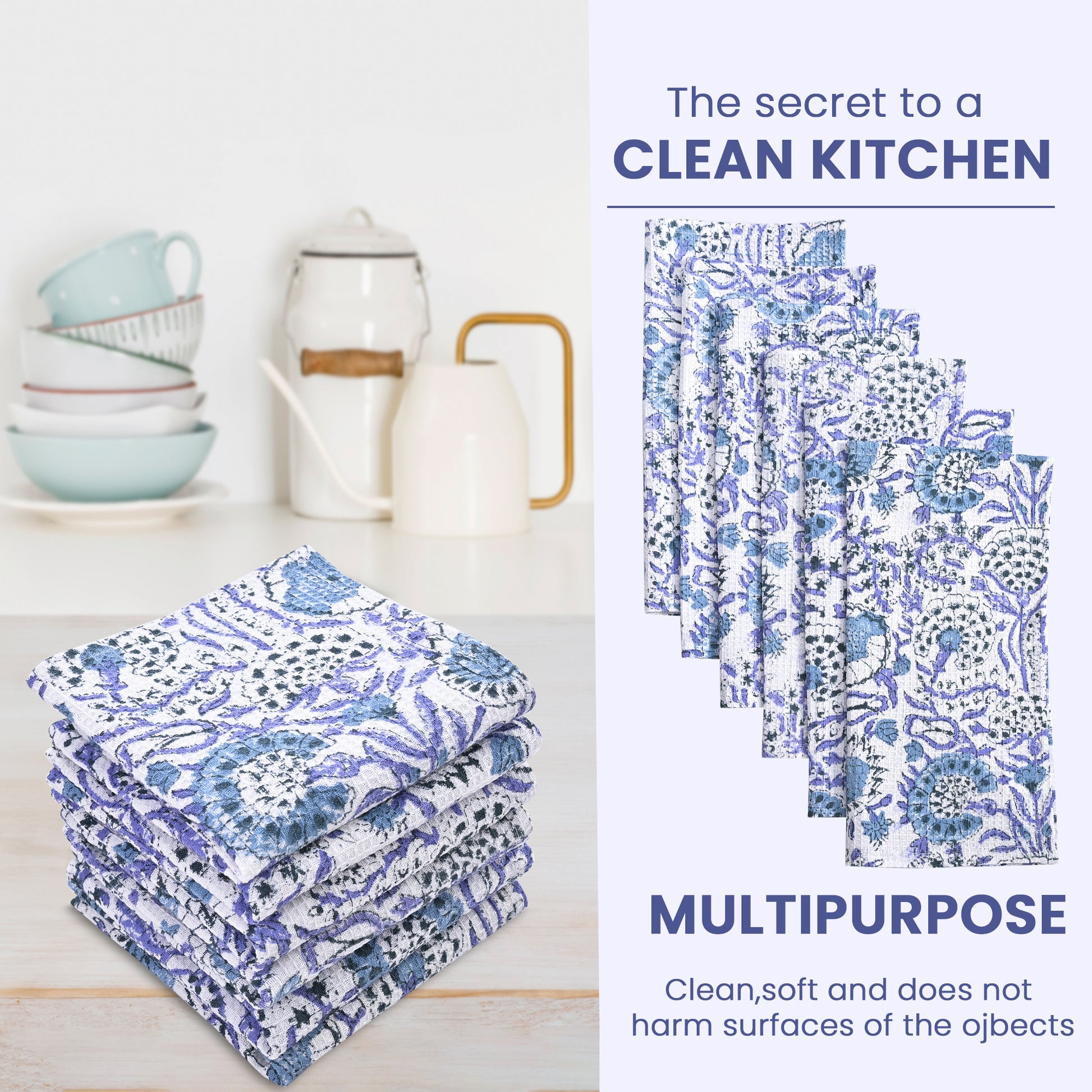Hand Block Printed Waffle Kitchen Towels – Indigo Blue