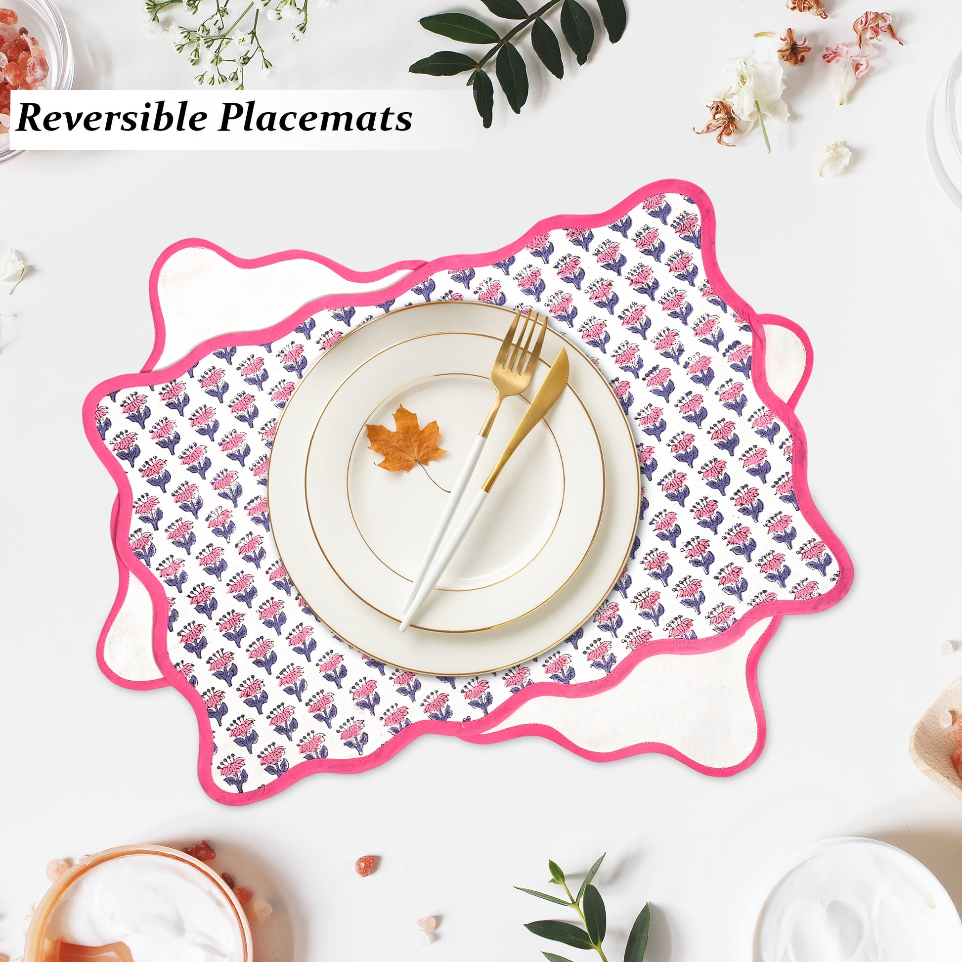 Rectangle 100% Cotton Reversible Placemat Set – Pink Sapphire