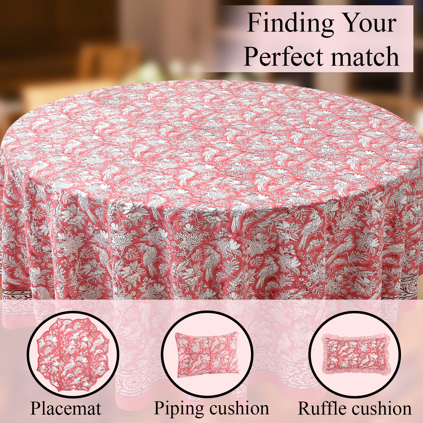 red and white floral round 100% cotton tablecloth