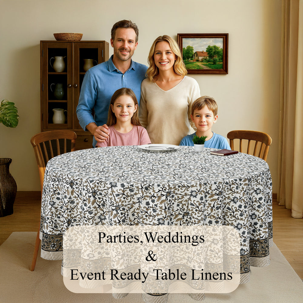 Round Block Print Tablecloth – Autumn Vine