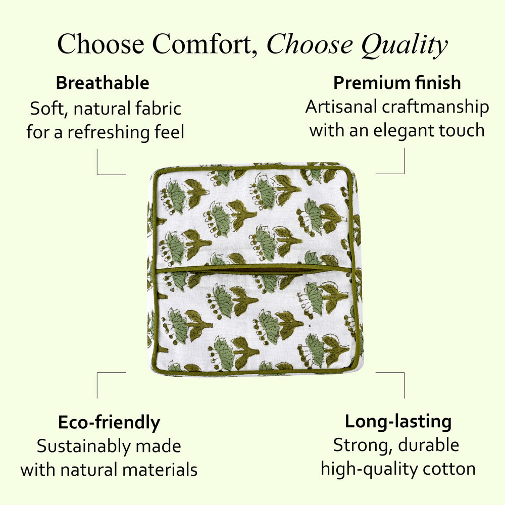 100% Cotton Hand Block Printed Tissue Box Cover - Emerald Green
