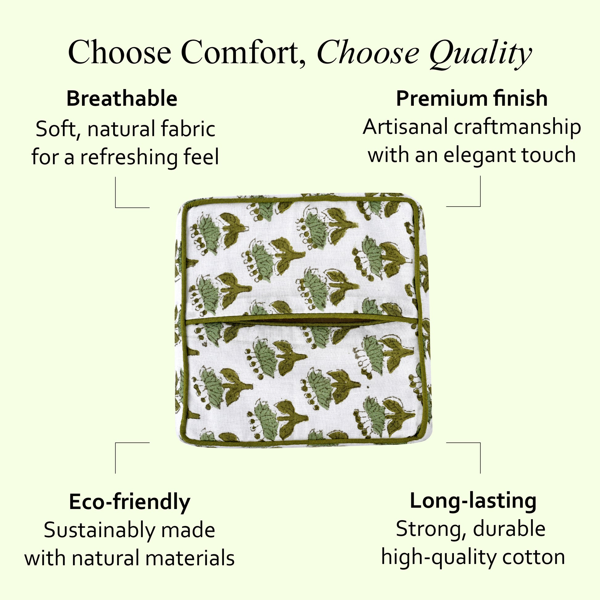 100% Cotton Hand Block Printed Tissue Box Cover - Emerald Green