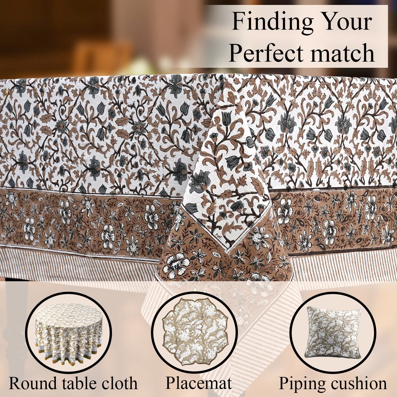 Cotton Block Print Tablecloth – Autumn Vine