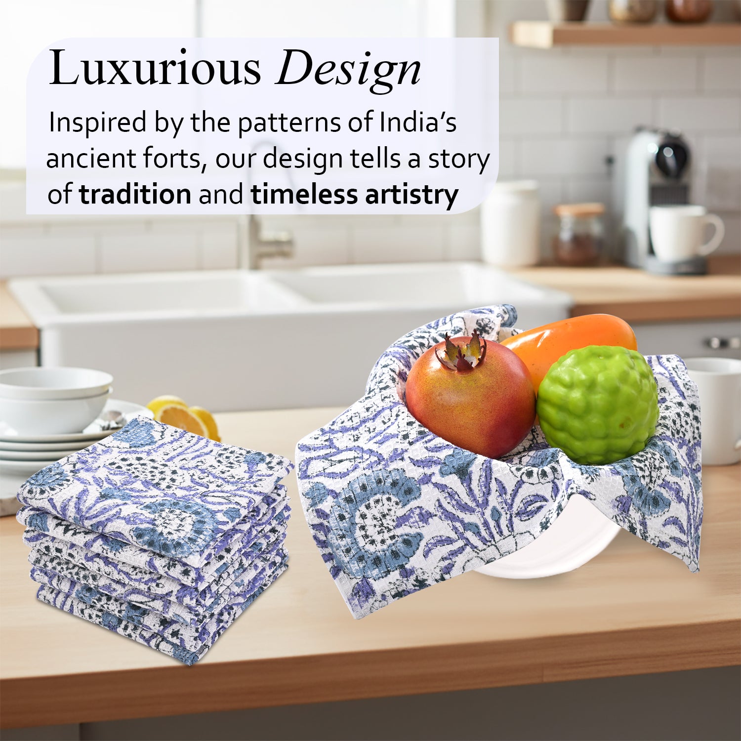 Hand Block Printed Waffle Kitchen Towels – Indigo Blue