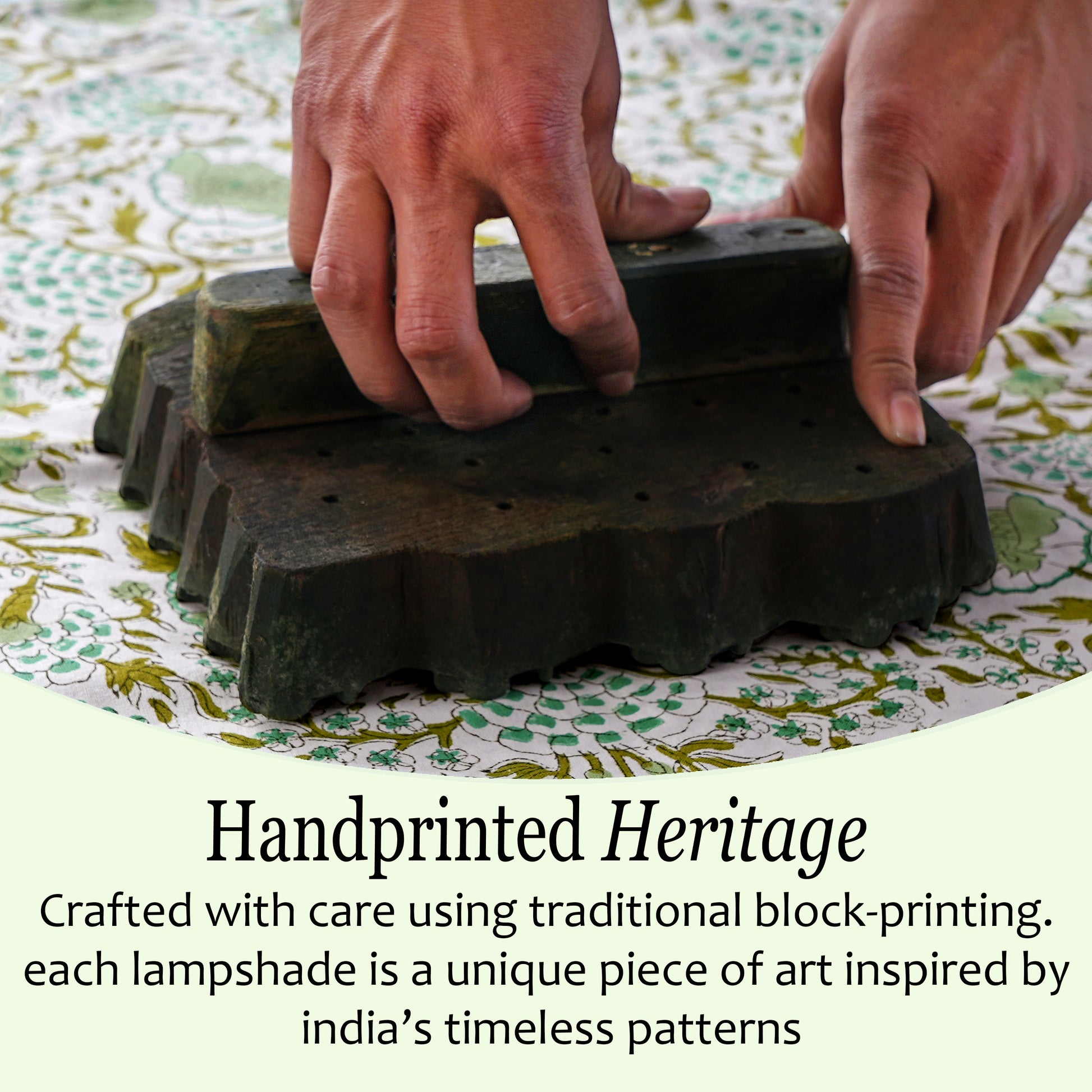 Hand Block Printed Cotton Lampshade – Scallop Floral Agate Green