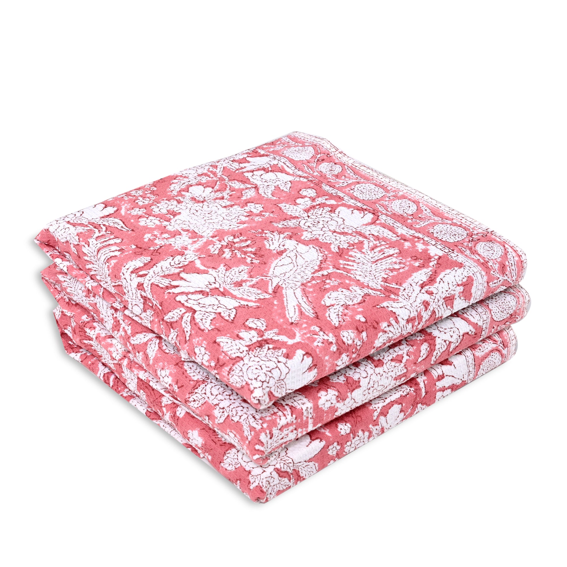 Hand Block Printed Waffle Kitchen Towels – Coral Pink