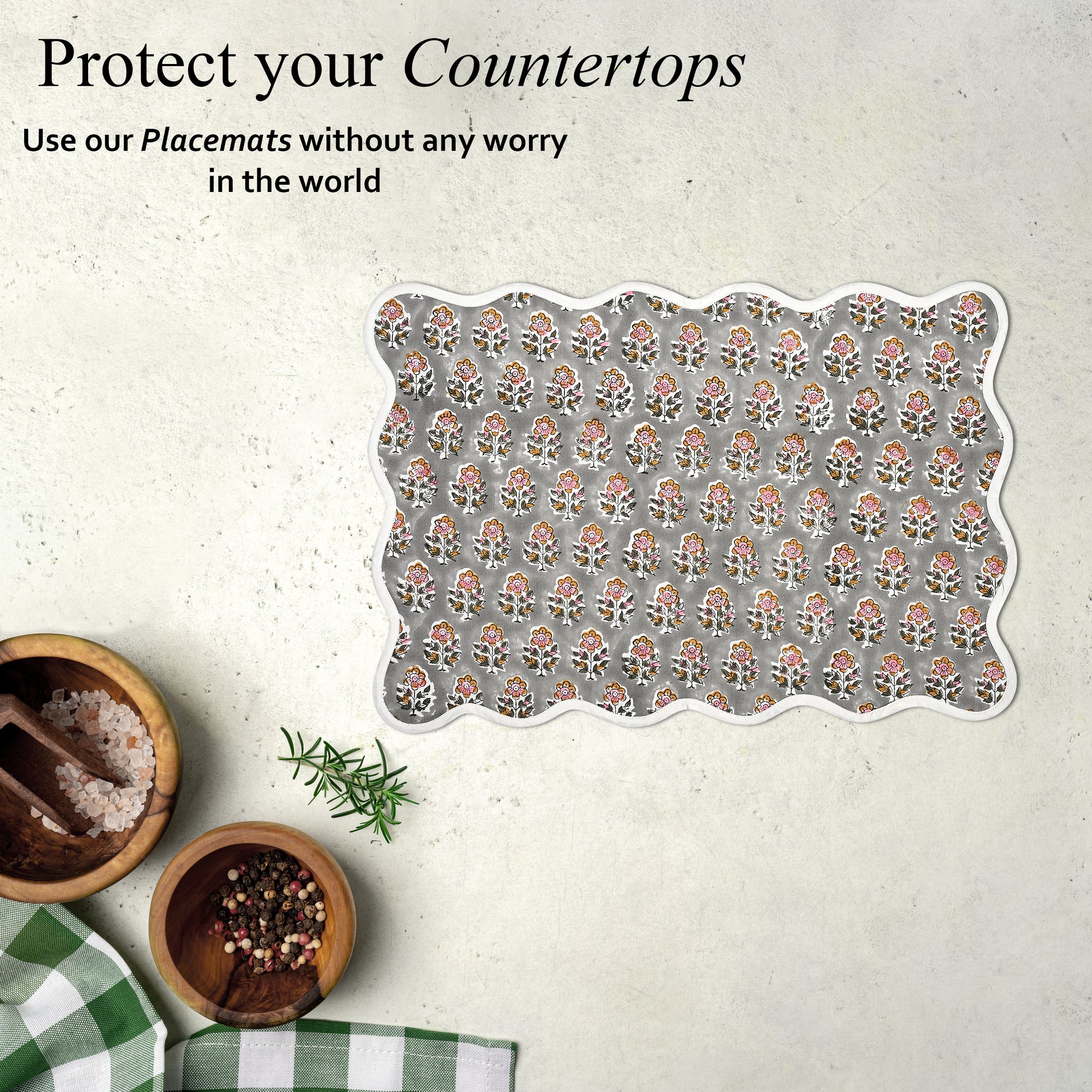 Rectangle 100% Cotton Reversible Placemat Set – Labra Grey