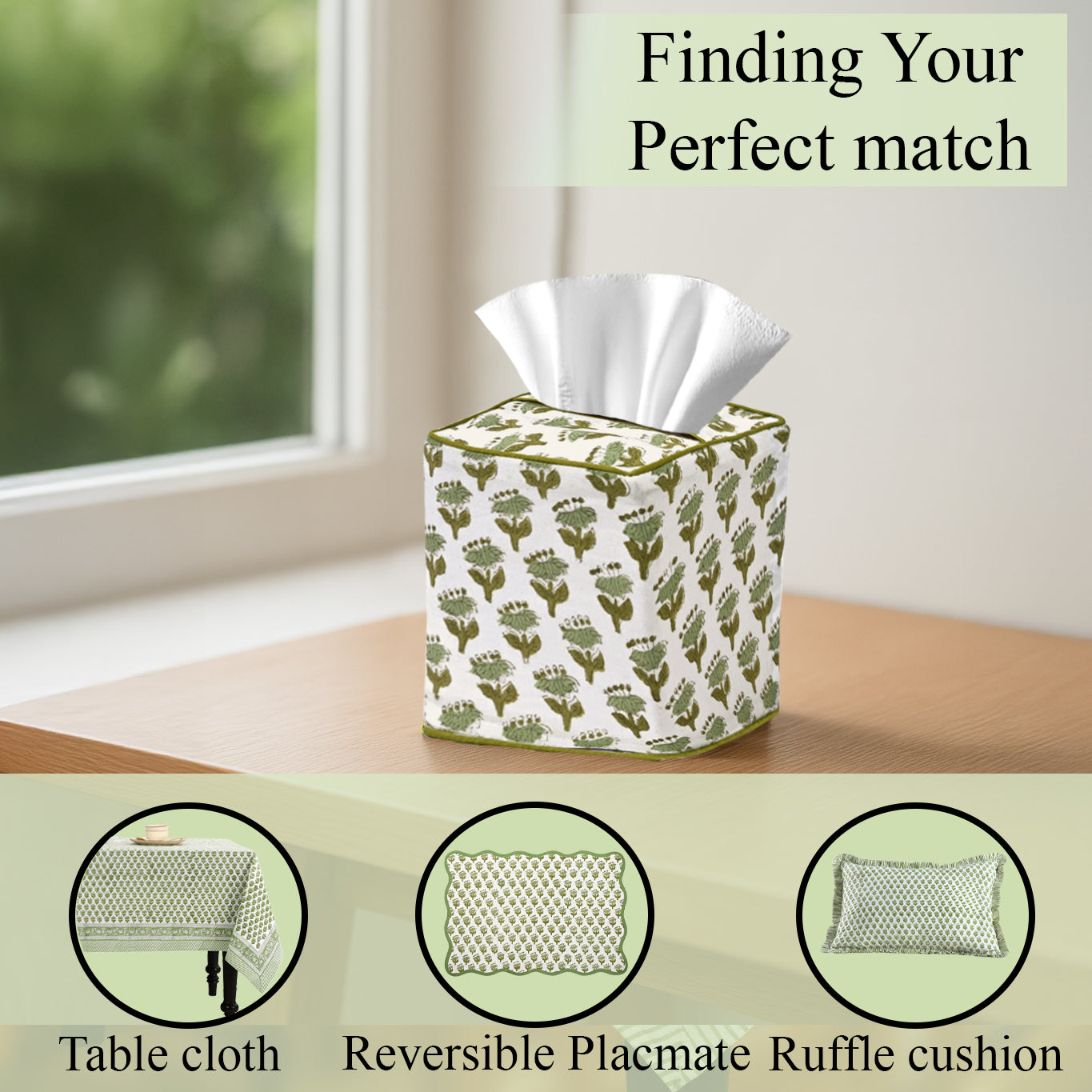 100% Cotton Hand Block Printed Tissue Box Cover - Emerald Green