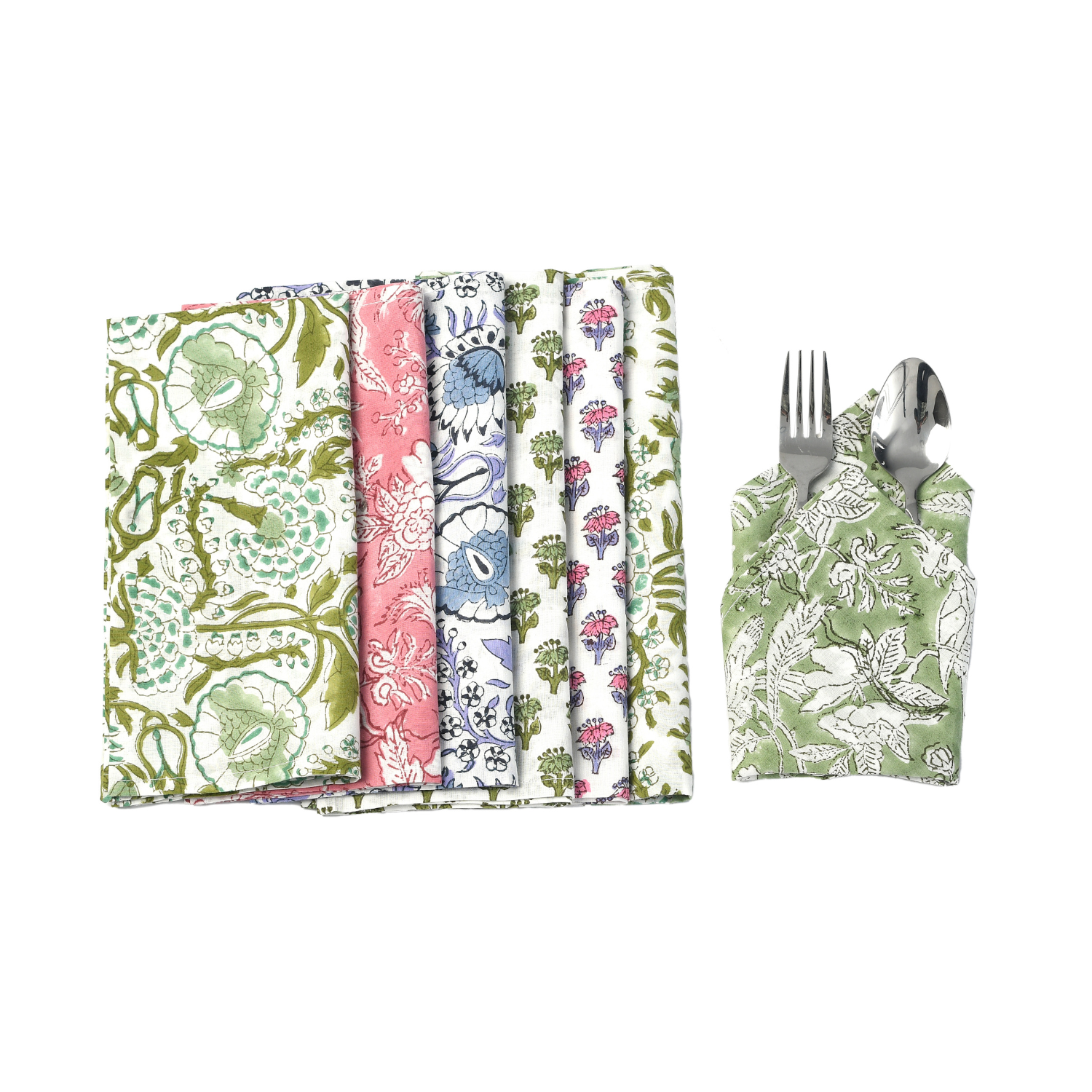 Flat lay of five assorted napkins with one folded and wrapped around silverware.


