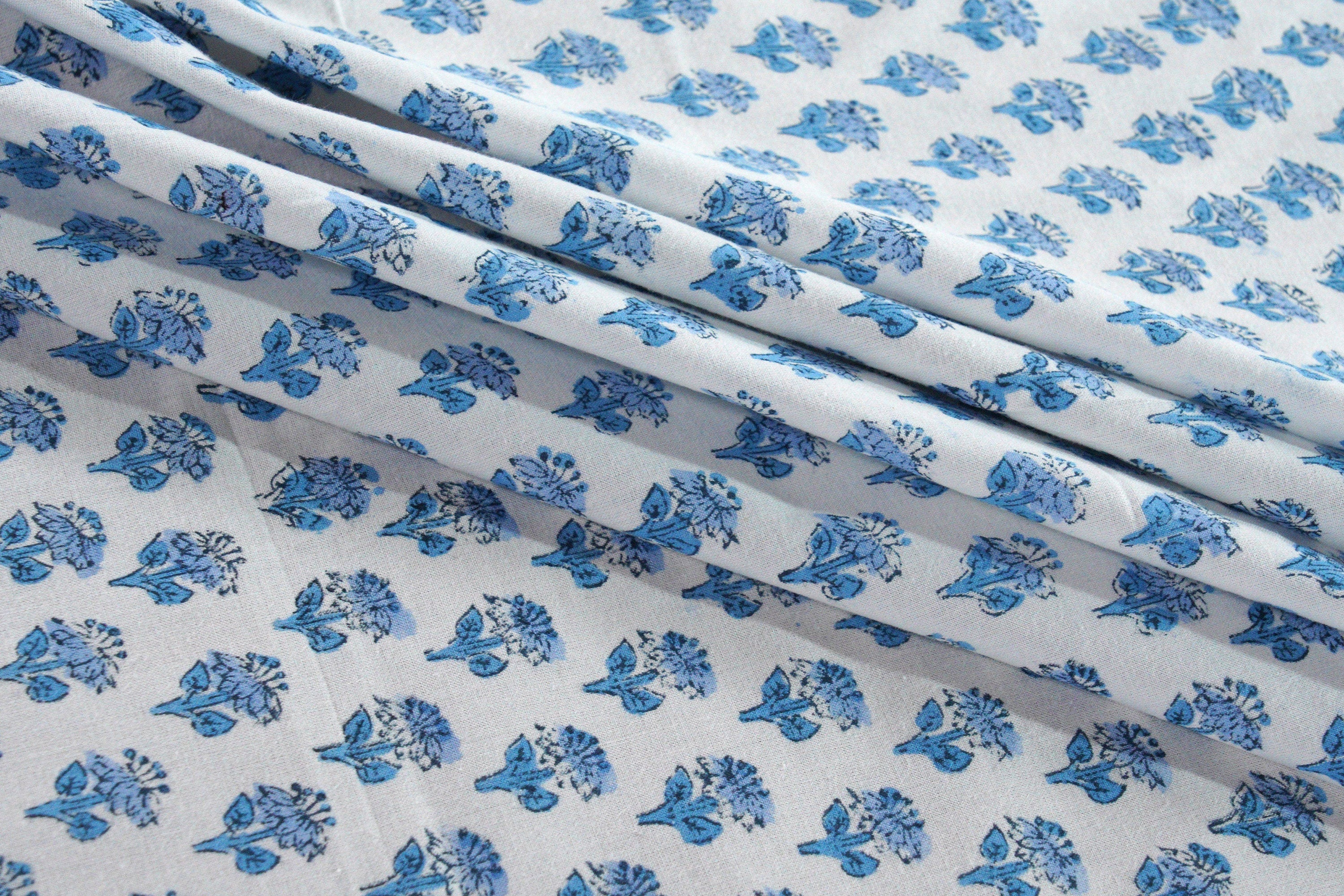 Hand Block Print Indian Cotton Fabric- Apatite Blue for Dress Curtain Pillow Cover Tent - Wedding Farmhouse Housewarming Restaurant - Floral