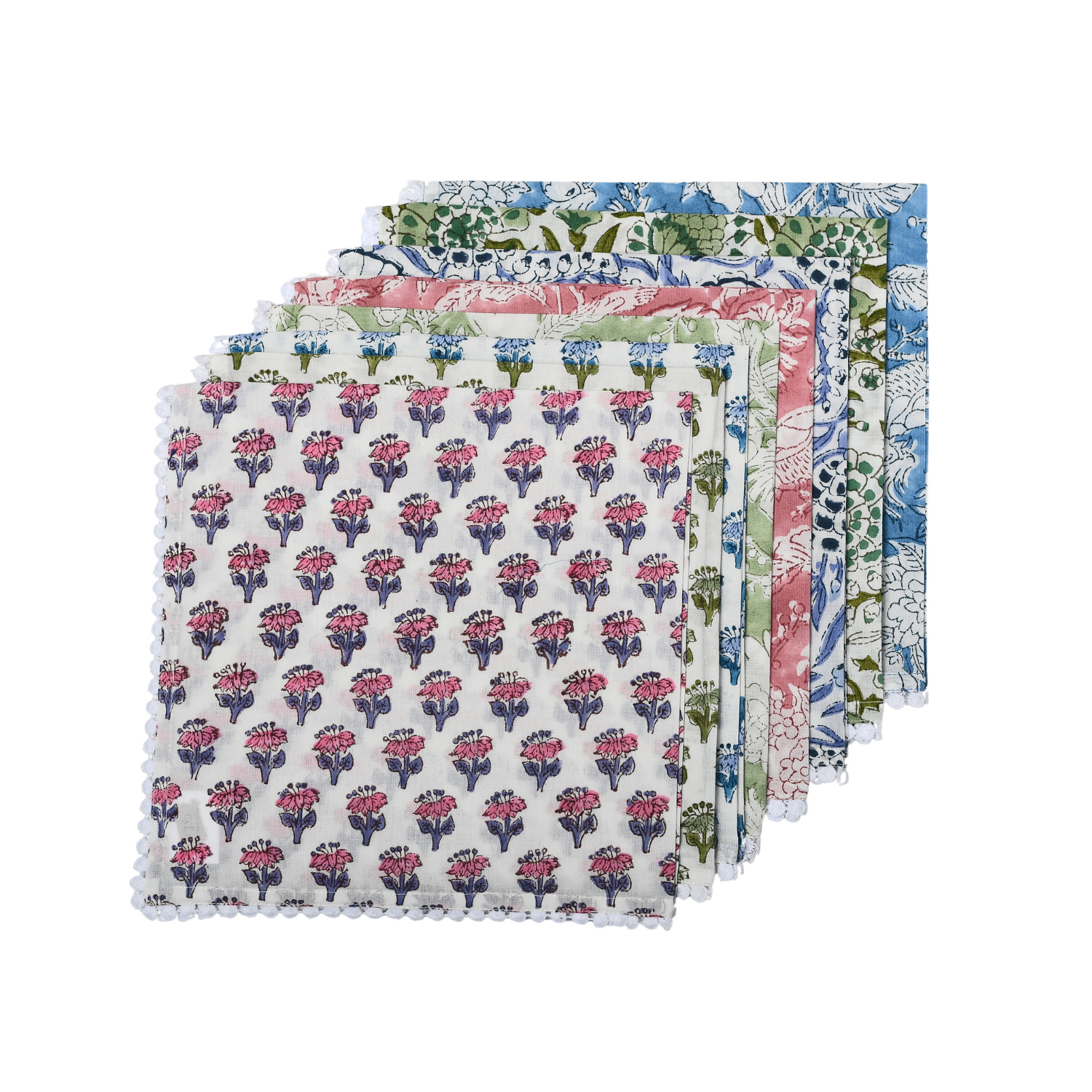 Grid preview of all five napkin print variants in one image on white background.

