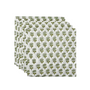 Stack of four green and white floral cotton napkins on a white background.