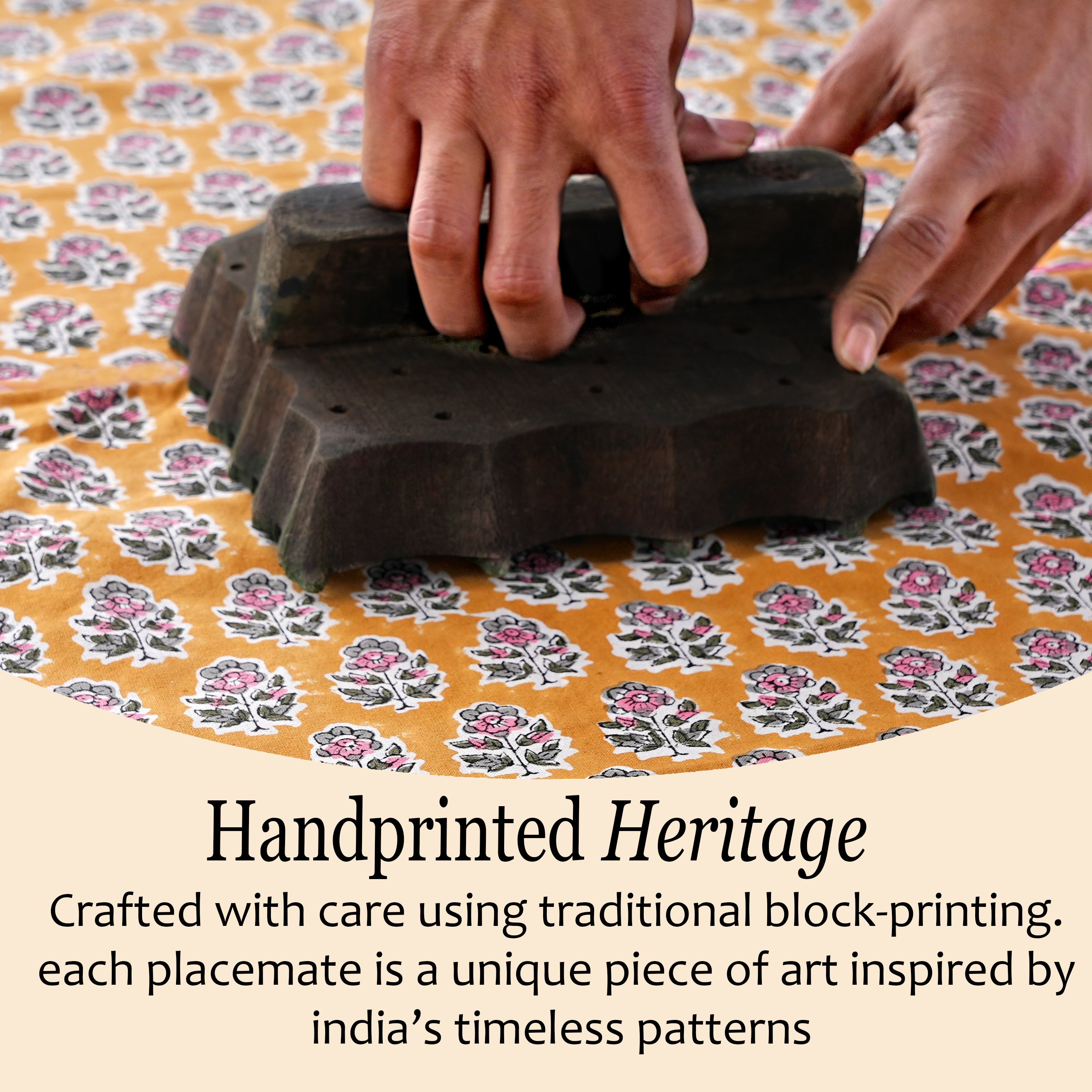 handblock printed cotton placemat in citrine yellow for sunny table settings