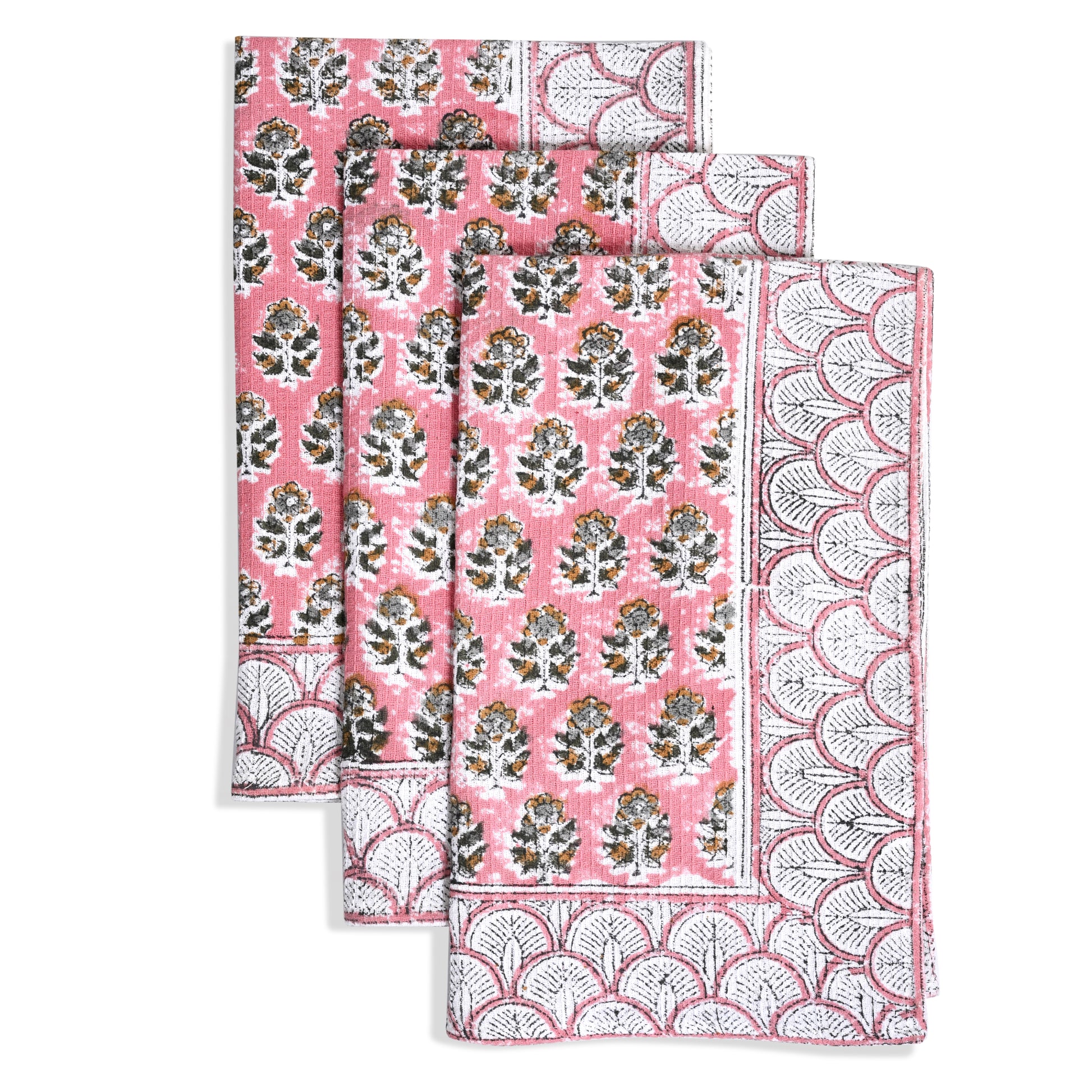 Hand Block Printed Waffle Kitchen Towels – Poppy Pink