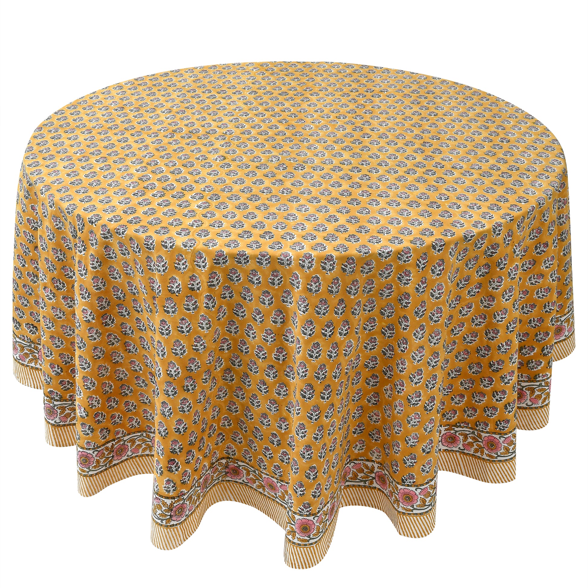 Round Block Print Tablecloth – Yellow Citrine