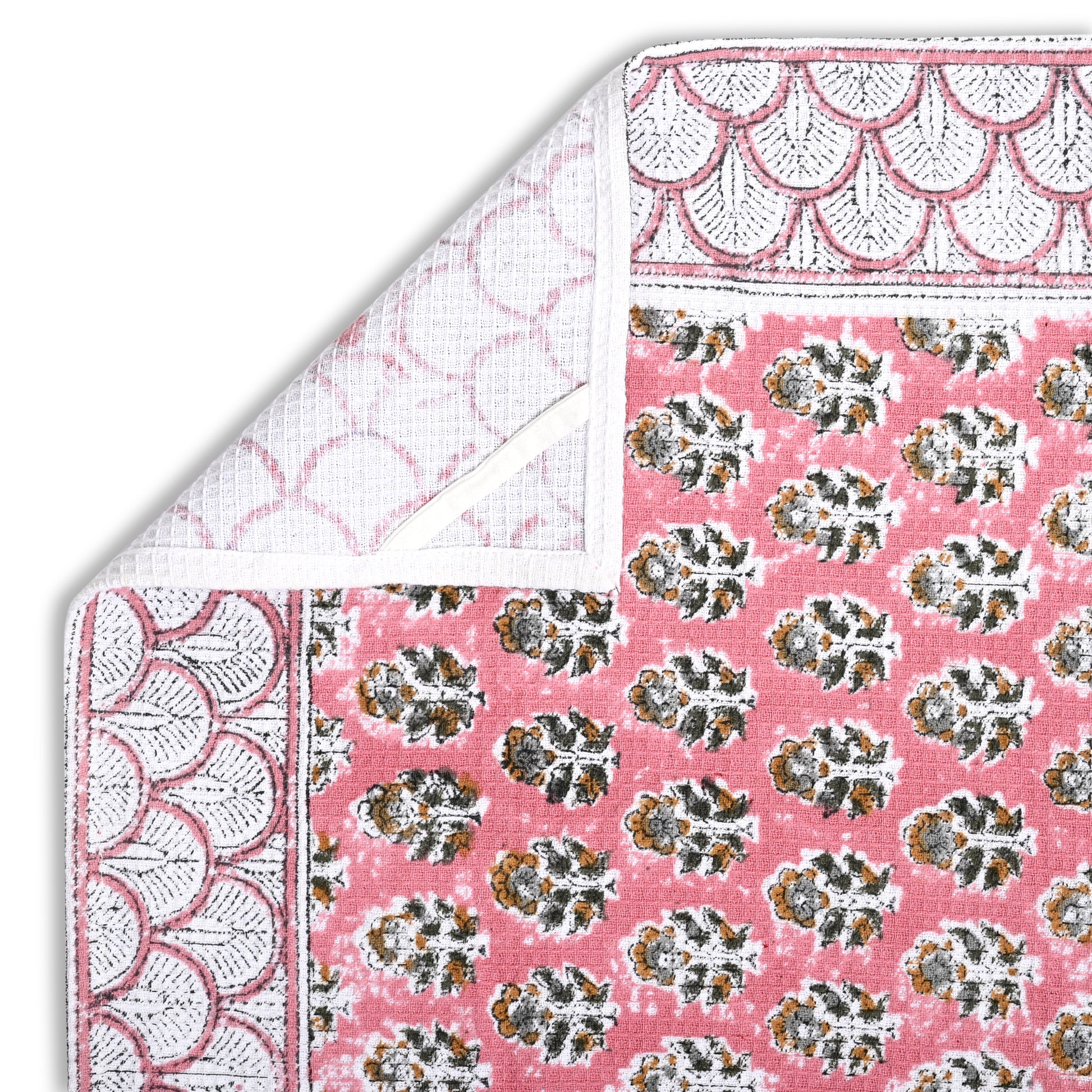 Hand Block Printed Waffle Kitchen Towels – Poppy Pink