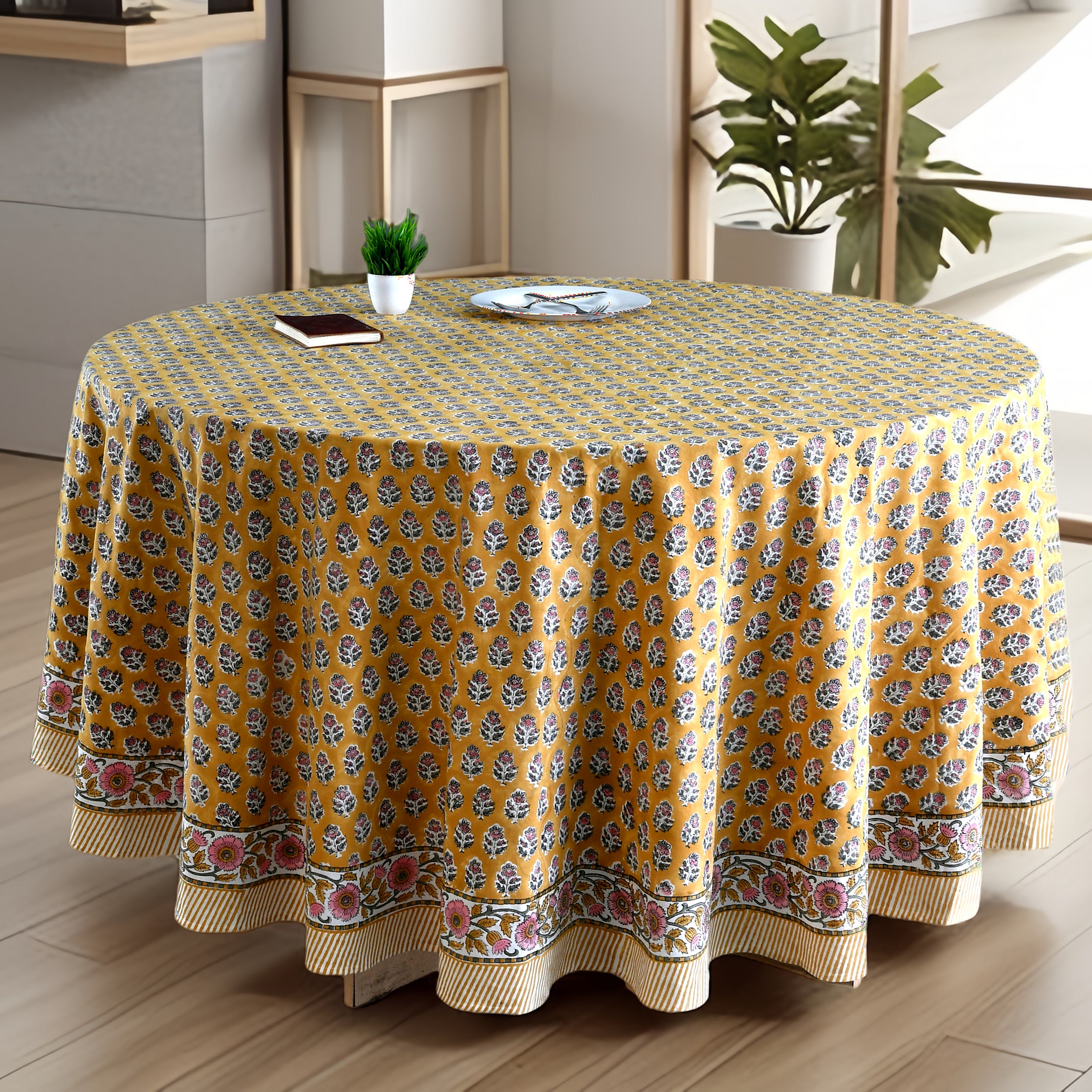 Round Block Print Tablecloth – Yellow Citrine