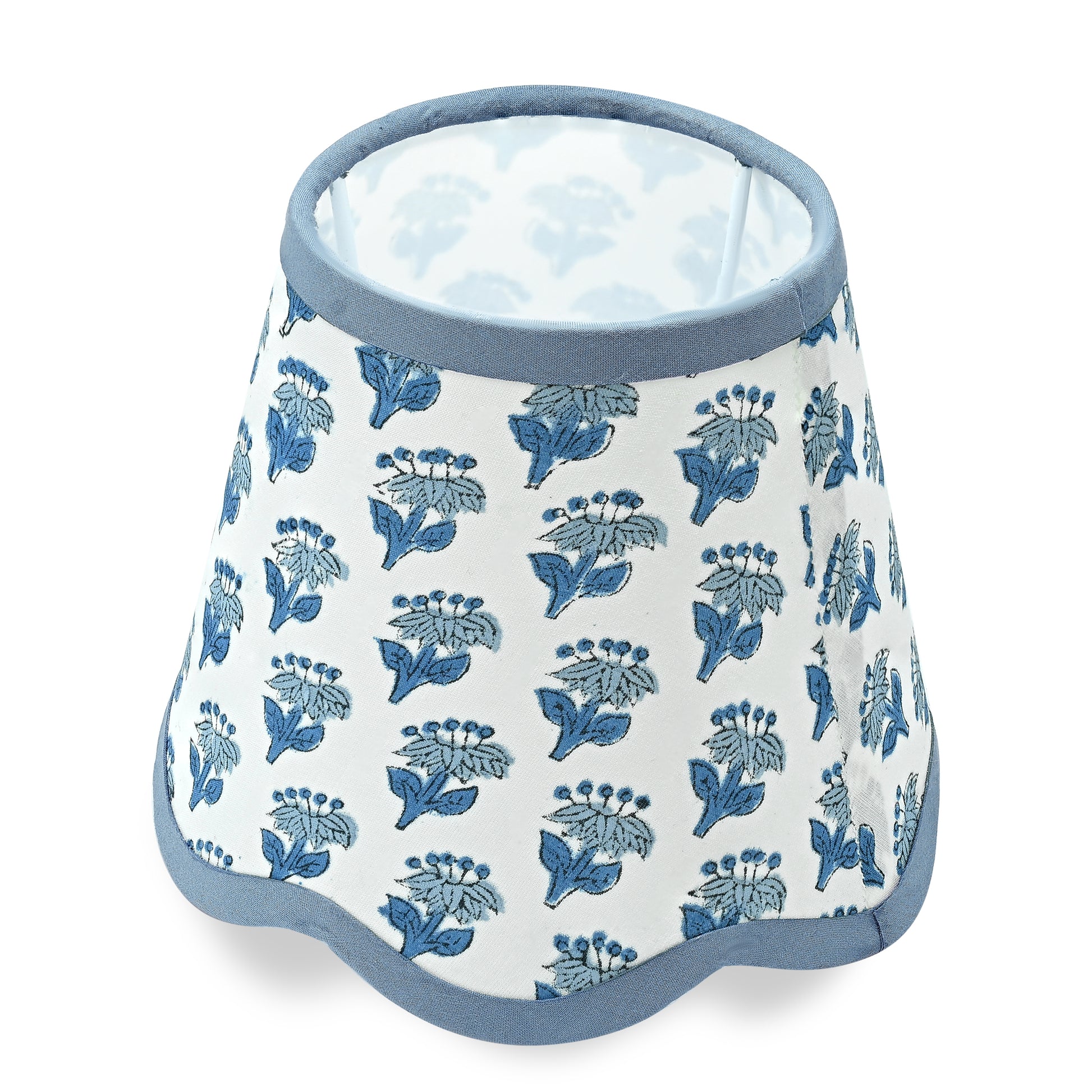 Hand Block Printed Cotton Lampshade – Scallop Floral Apatite Blue