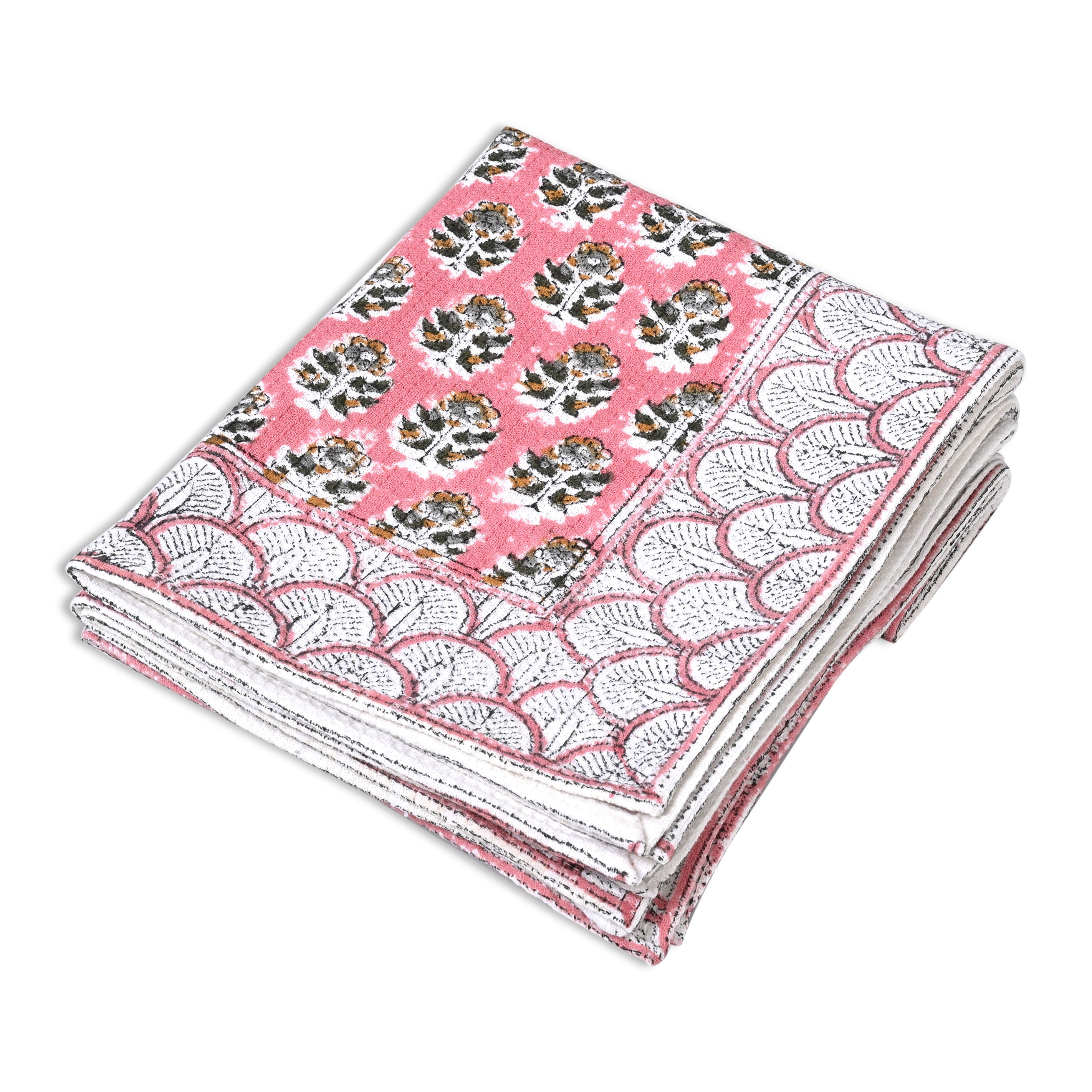 Hand Block Printed Waffle Kitchen Towels – Poppy Pink