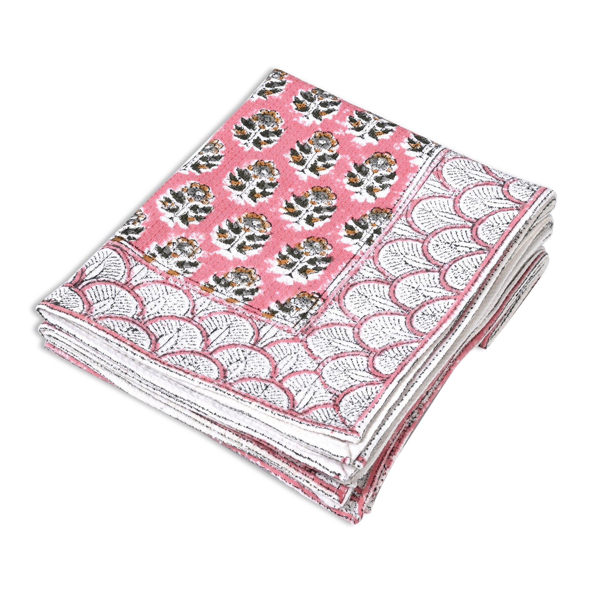 Hand Block Printed Waffle Kitchen Towels – Poppy Pink