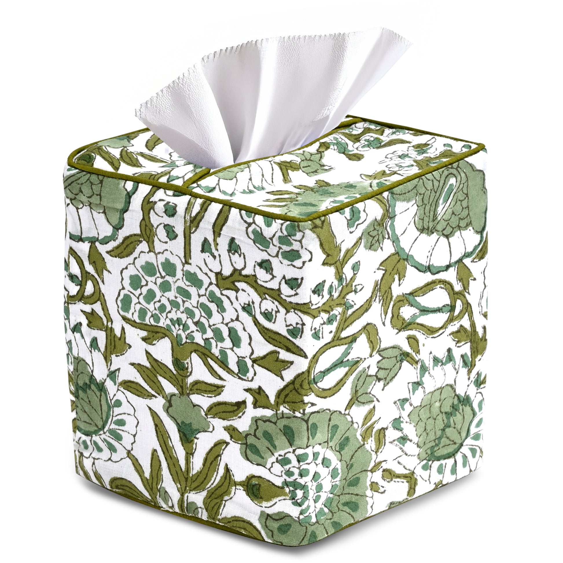 100% Cotton Hand Block Printed Tissue Box Cover - Agate Green