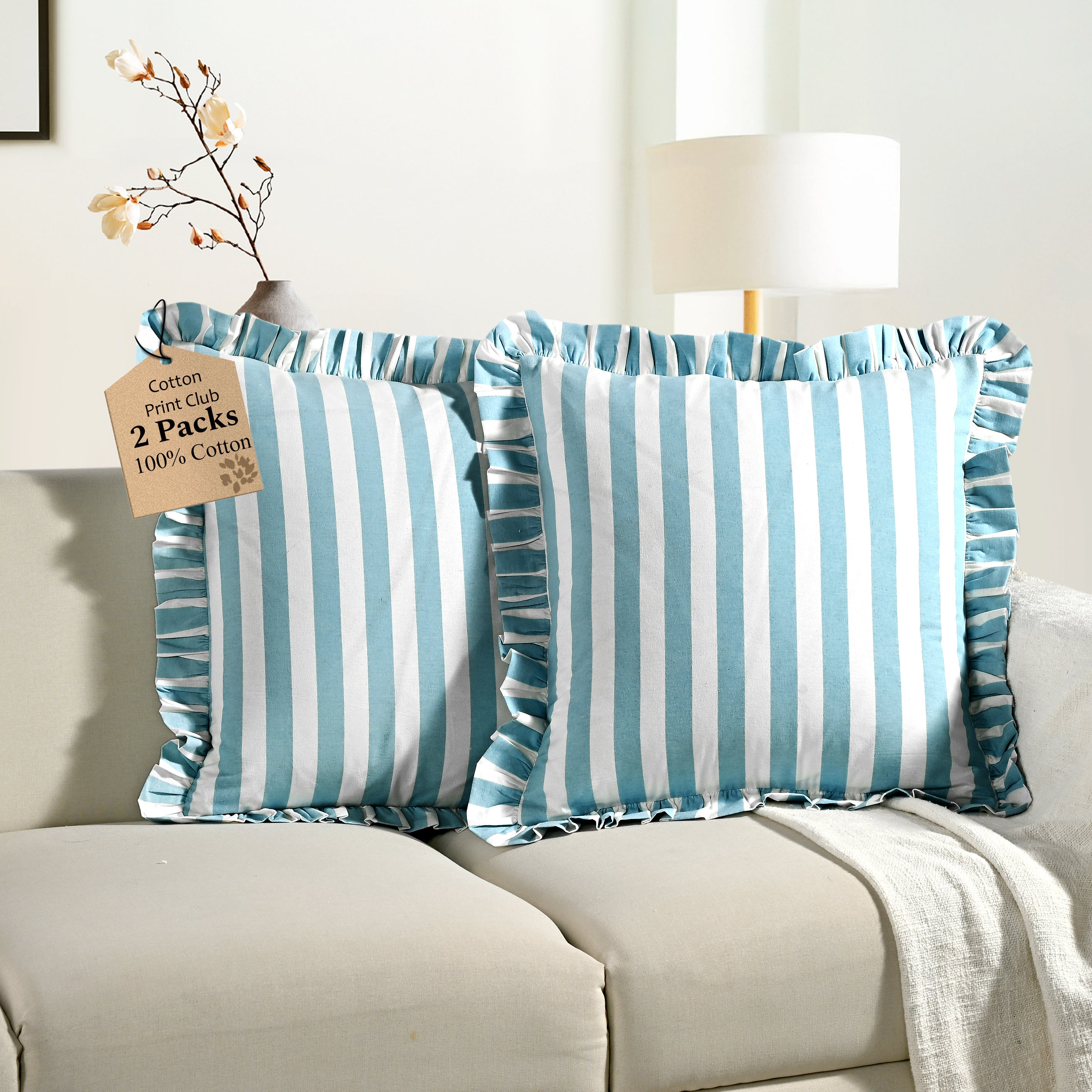 Blue Striped Ruffle Throw Pillow Covers
