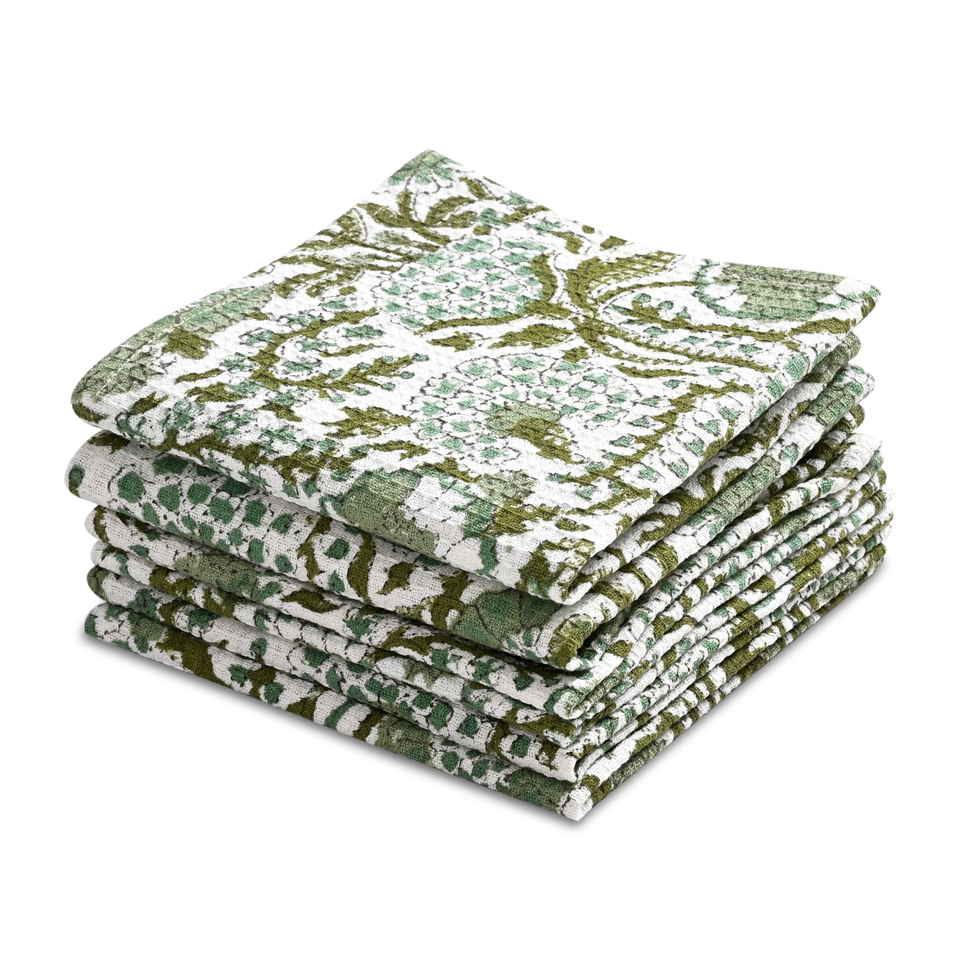 Hand Block Printed Waffle Kitchen Towels – Agate Green