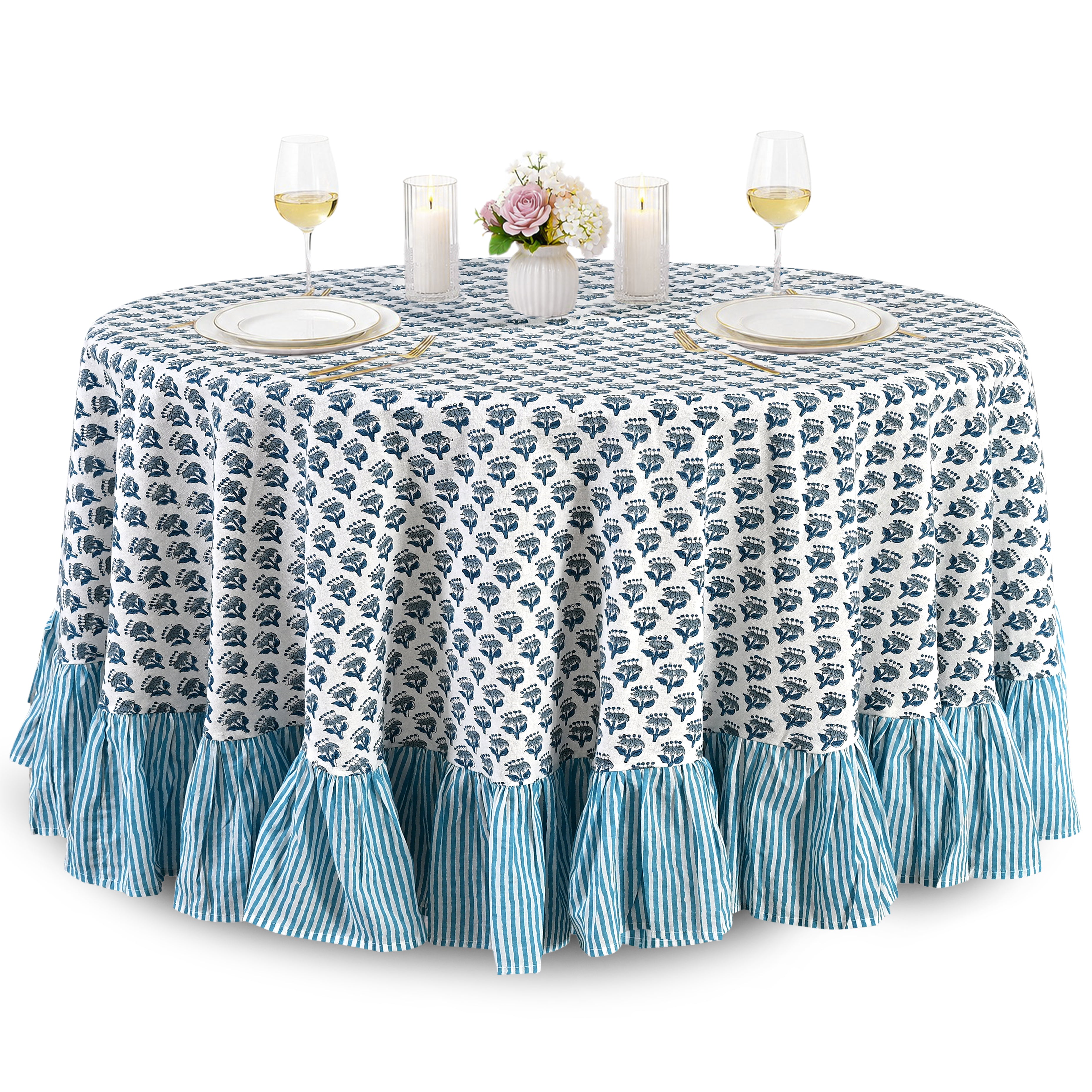 Cotton Ruffle Round Tablecloth - Apatite Blue