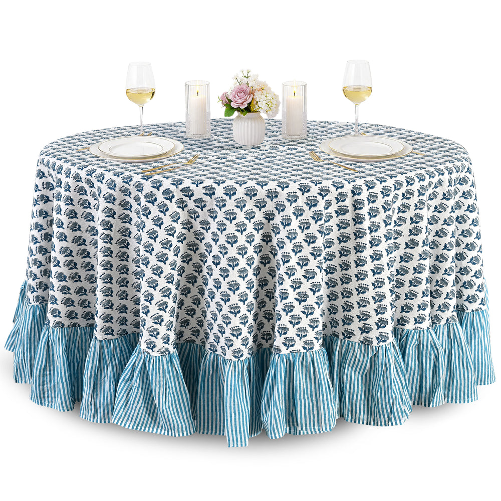 Cotton Ruffle Round Tablecloth - Apatite Blue