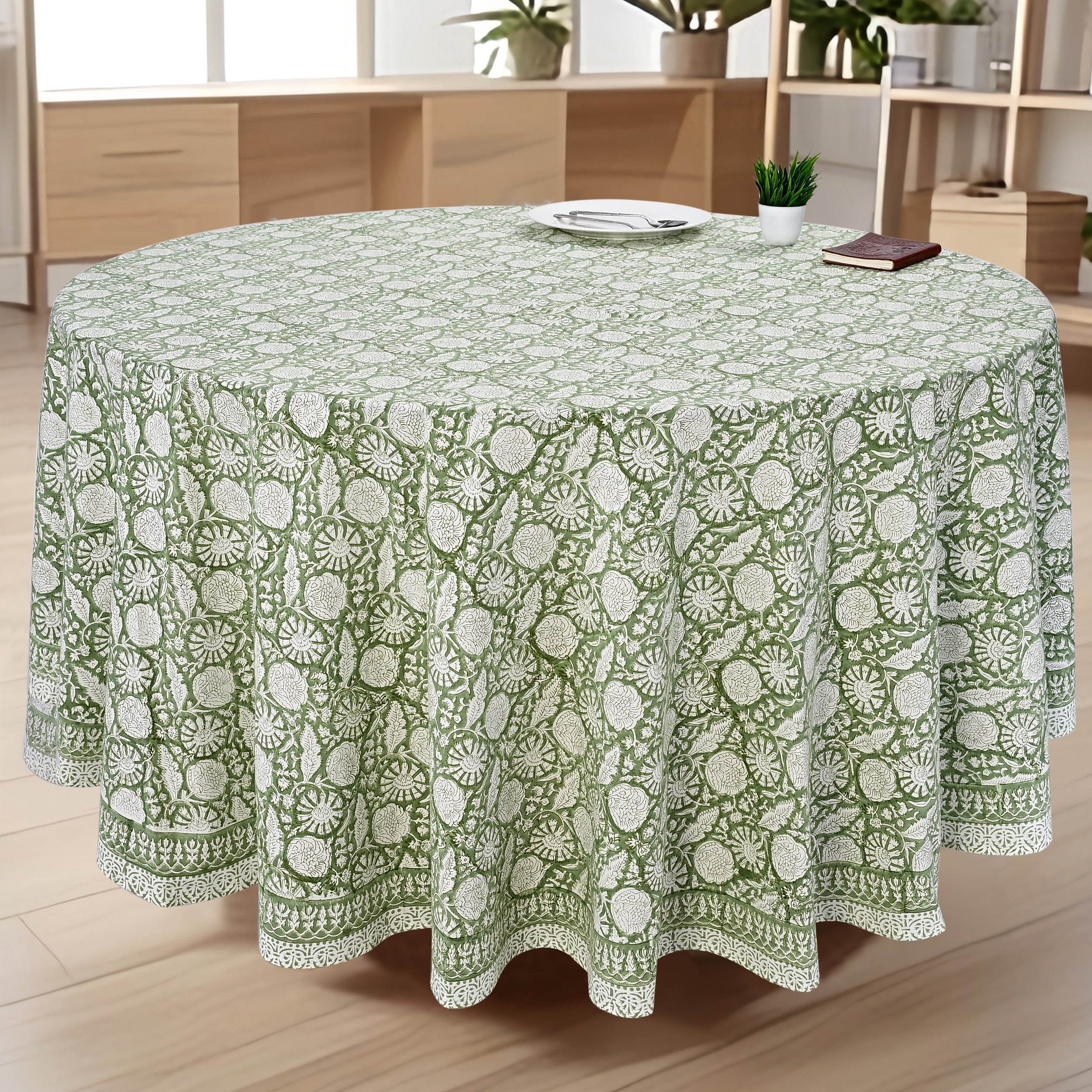 Round Block Print Tablecloth – Olive Bloom