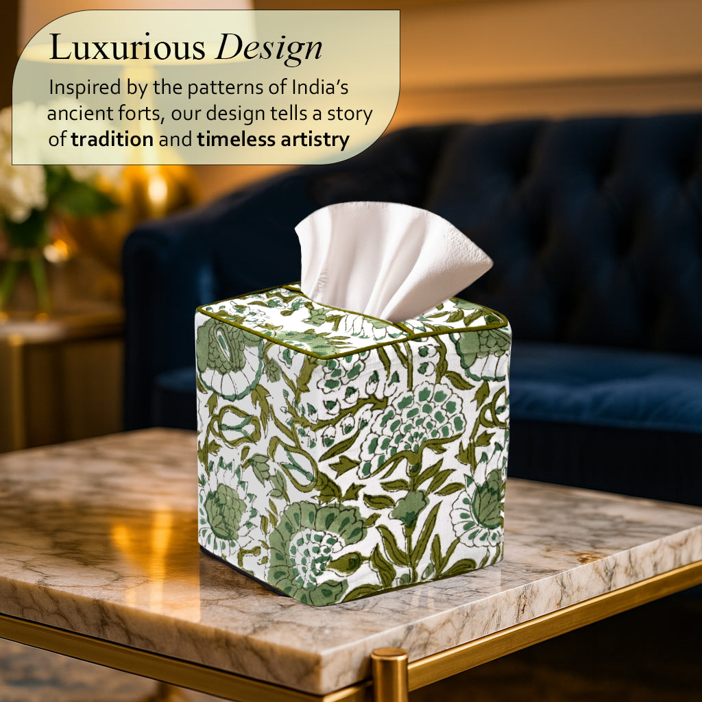 100% Cotton Hand Block Printed Tissue Box Cover - Agate Green