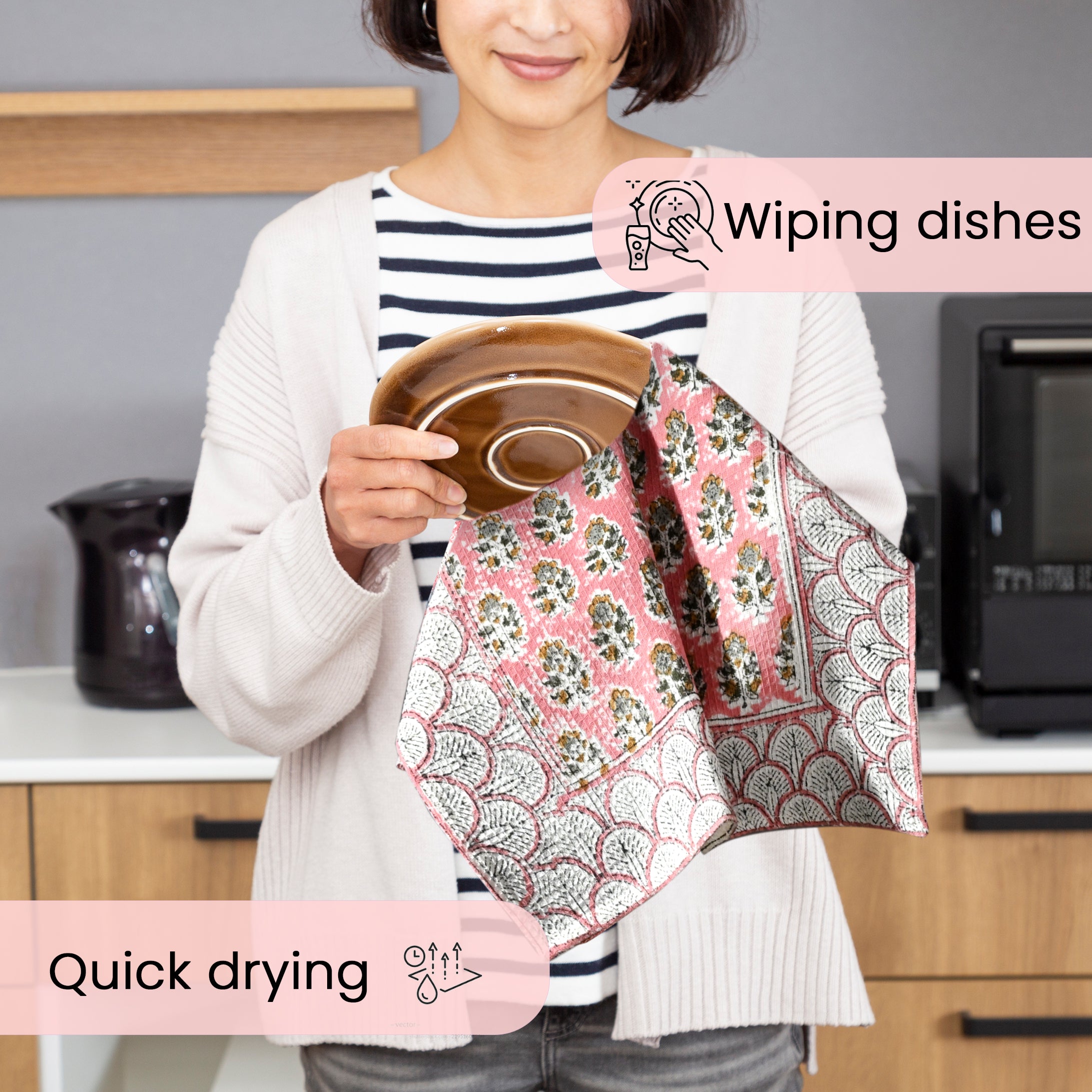 Hand Block Printed Waffle Kitchen Towels – Poppy Pink