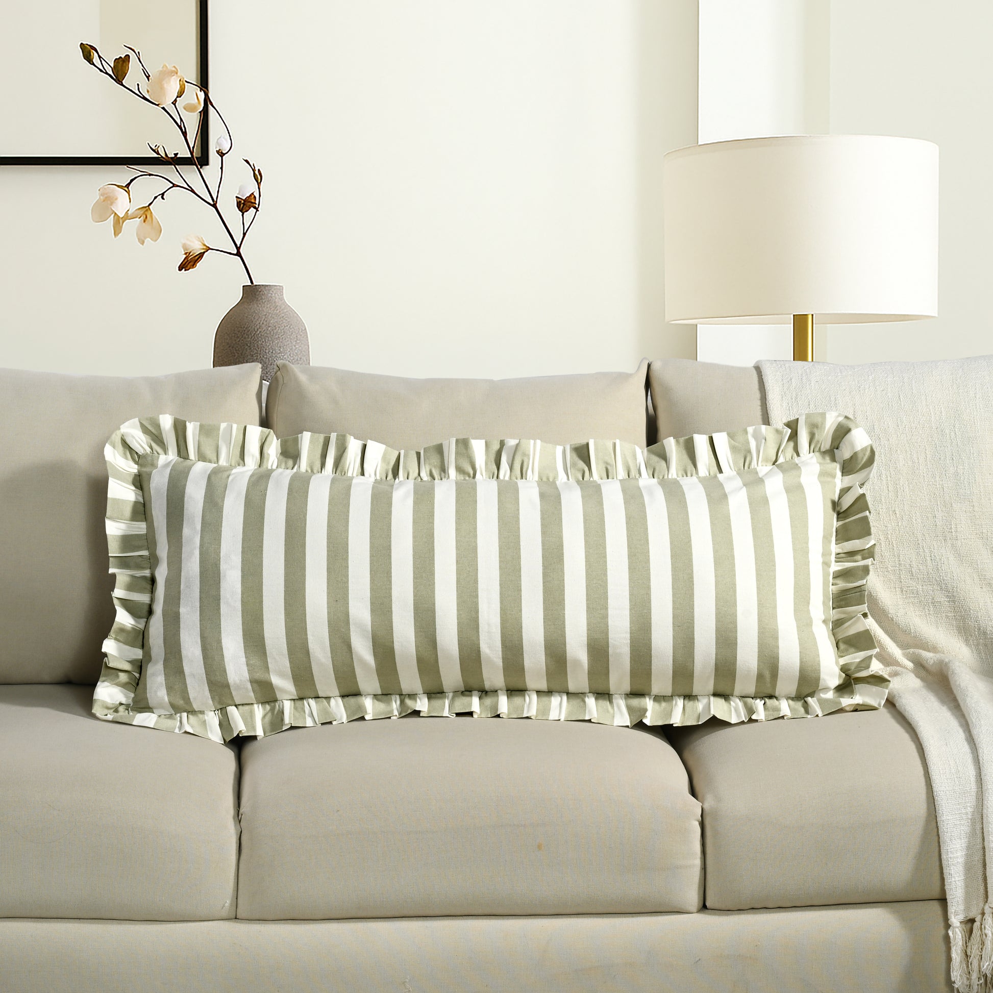 Grey Striped Cotton Ruffle Sham Cover