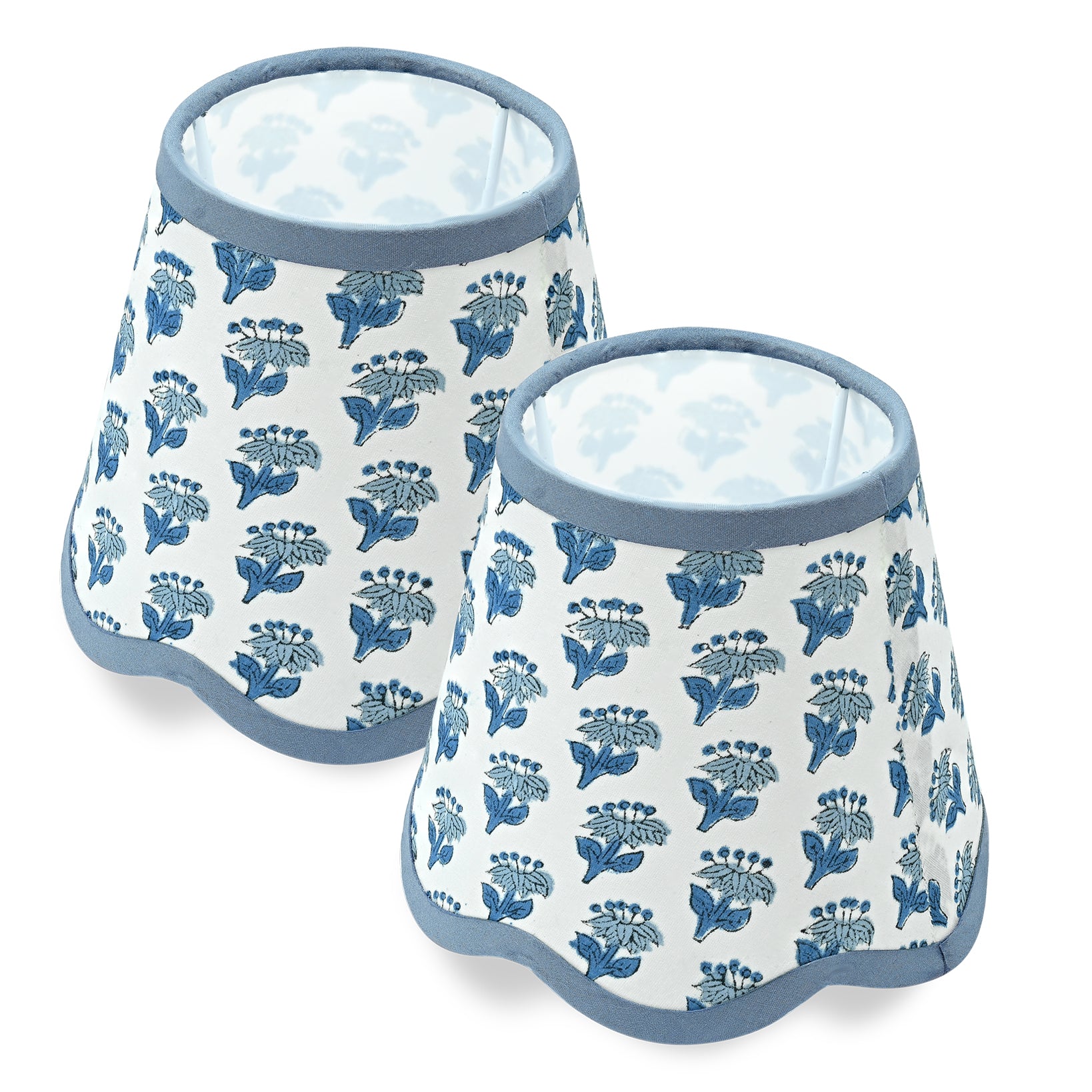 Hand Block Printed Cotton Lampshade – Scallop Floral Apatite Blue