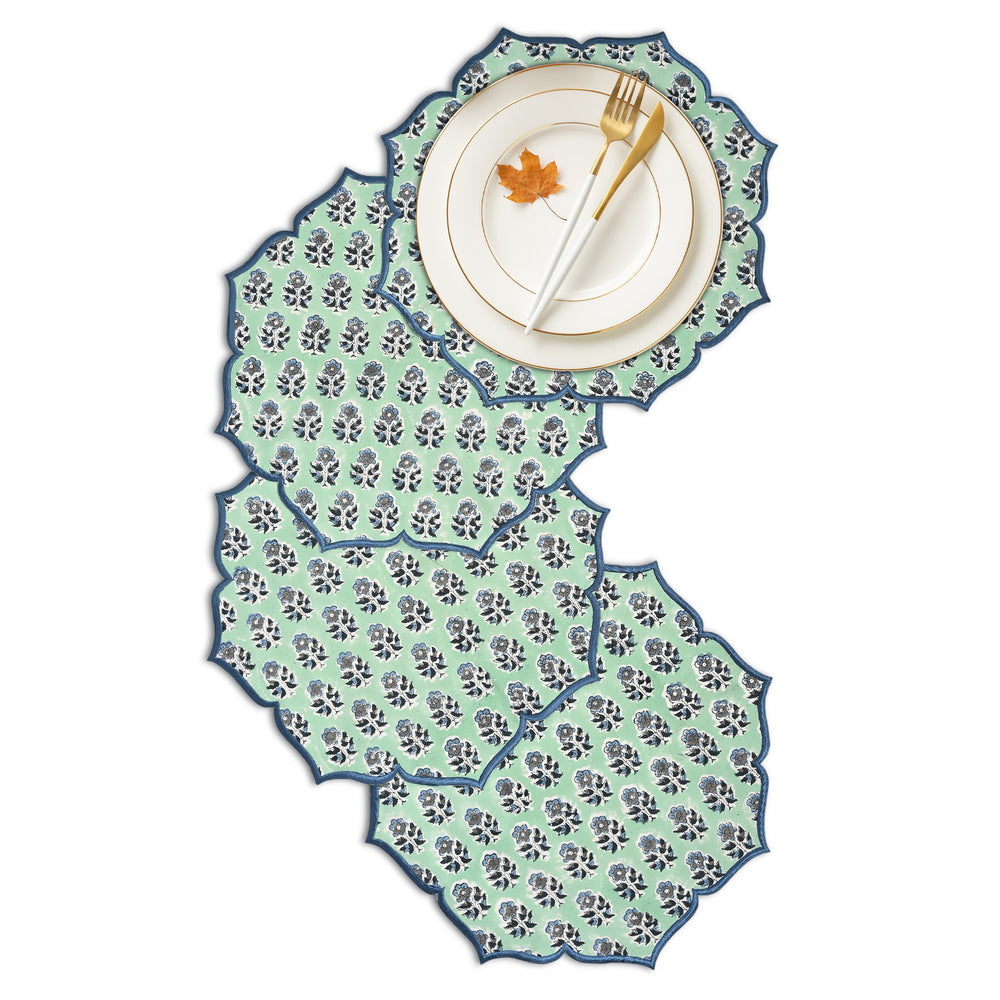 Embroidered Scalloped Cotton Placemats - Poppy Blue (Set of 4)