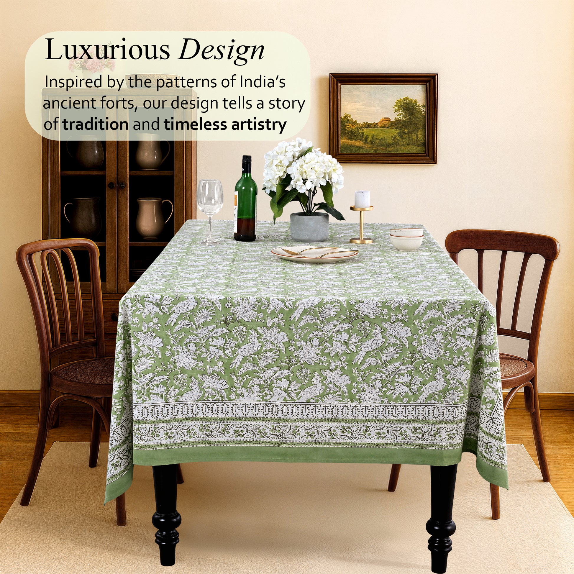 Olive Green Cotton Tablecloth on Kitchen Table