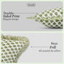 Decorative pillow with green pattern on a gray background, highlighting double-sided print and neat frill.