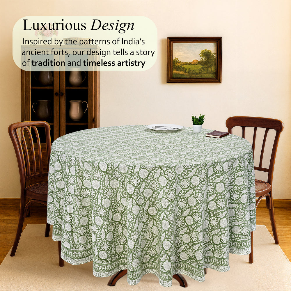Round Block Print Tablecloth – Olive Bloom