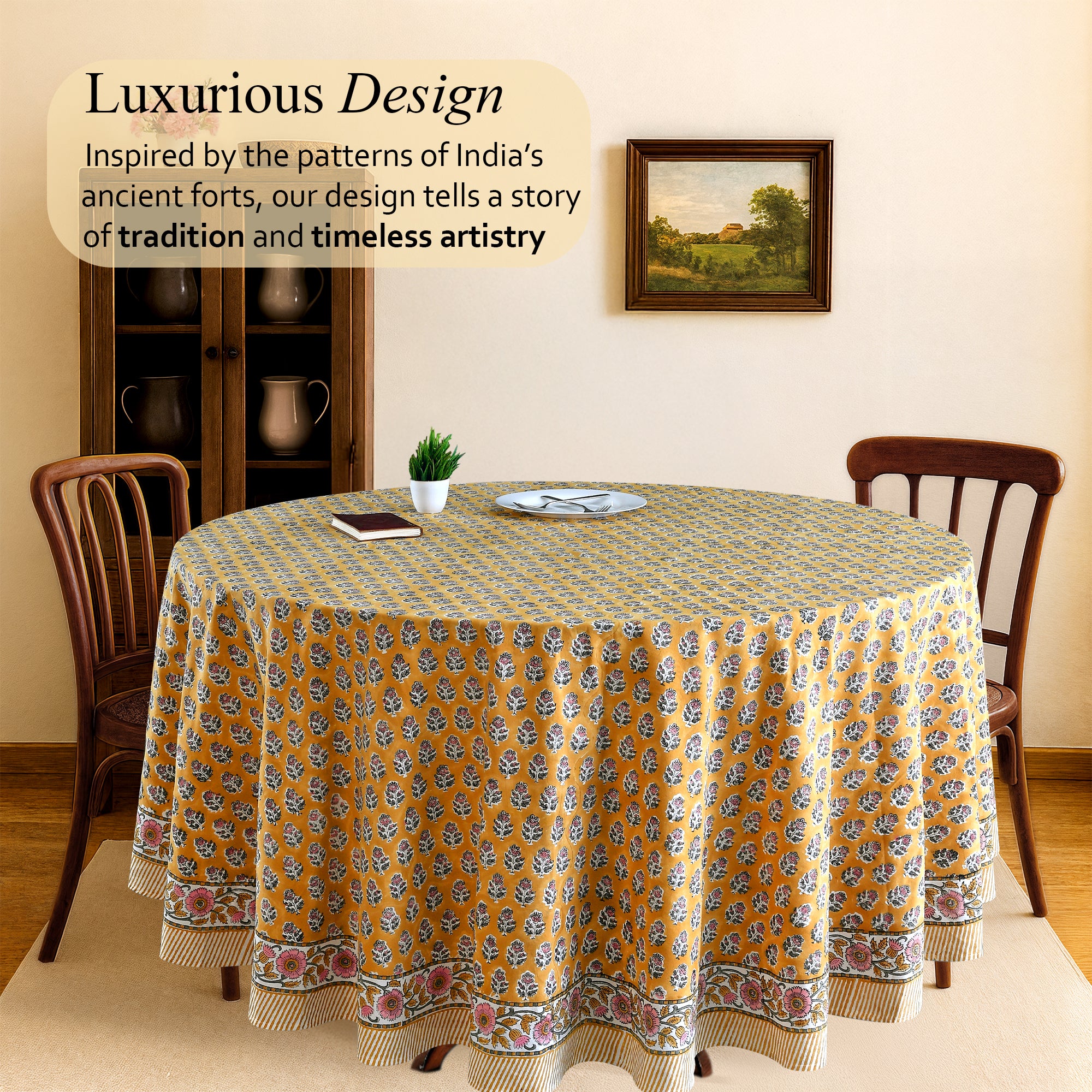 Round Block Print Tablecloth – Yellow Citrine