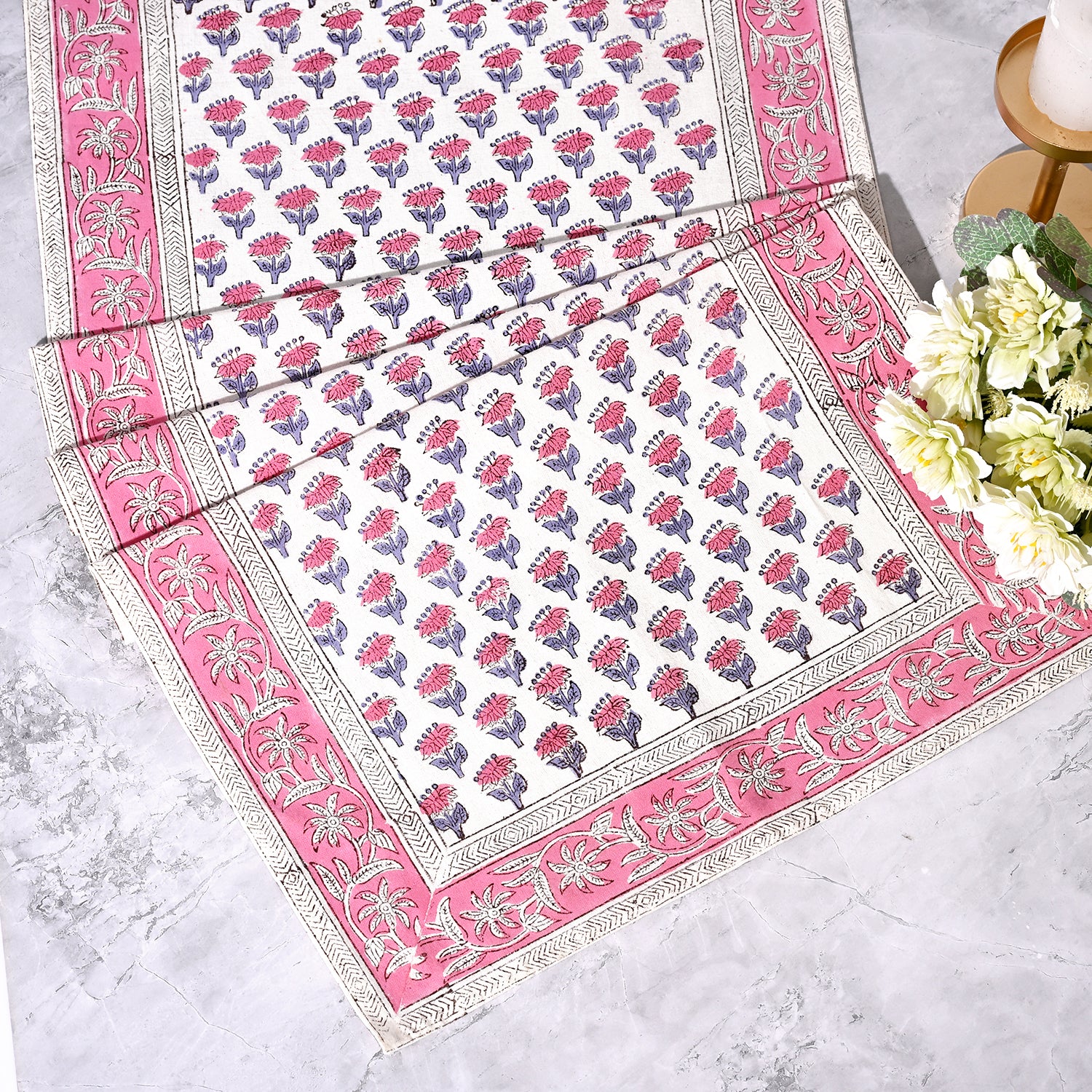 Cotton Block Print Table Runner - Pink Sapphire
